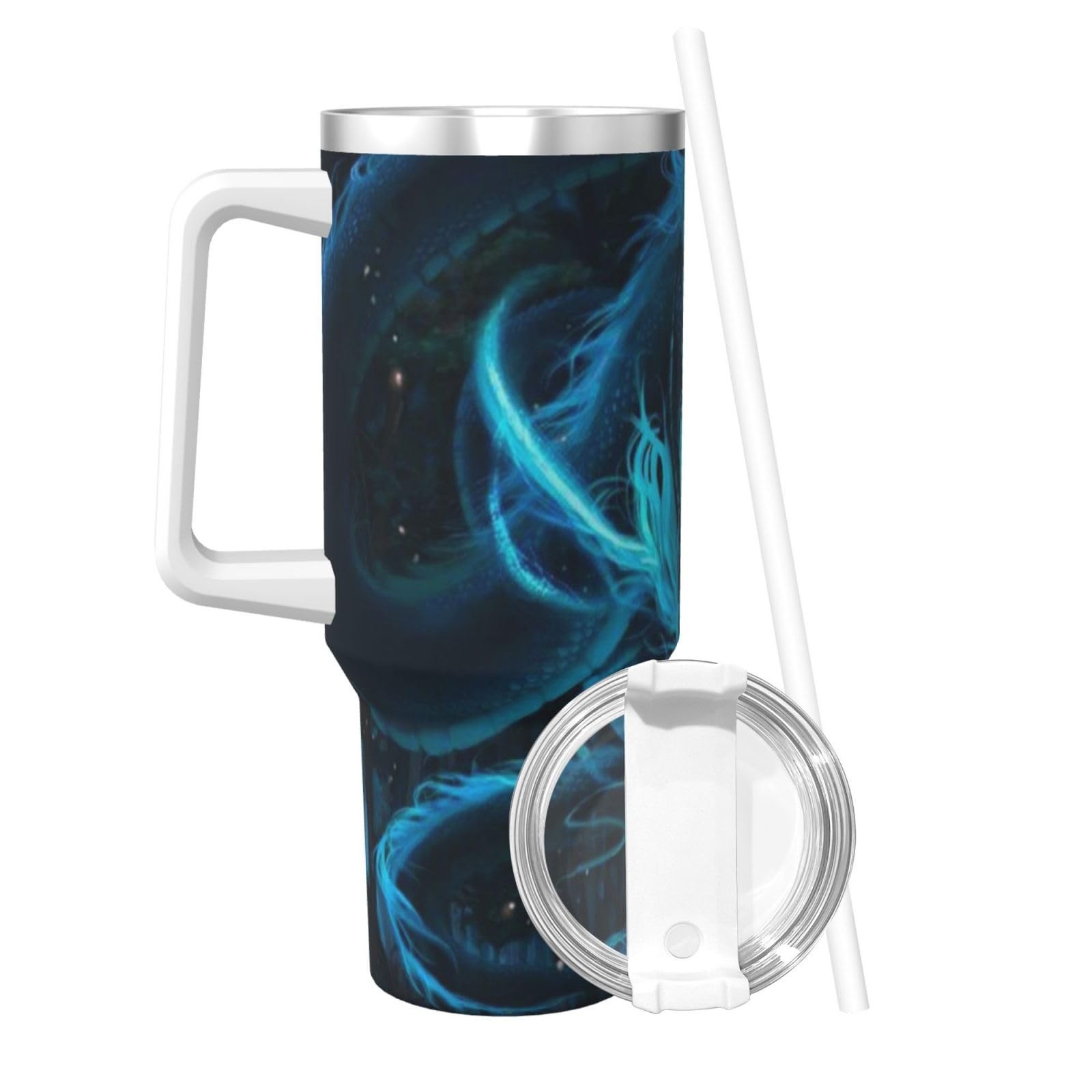 Ptonuic Blue Dragon 40 Oz Tumbler Handle And Straw Lid Cup Reusable Stainless