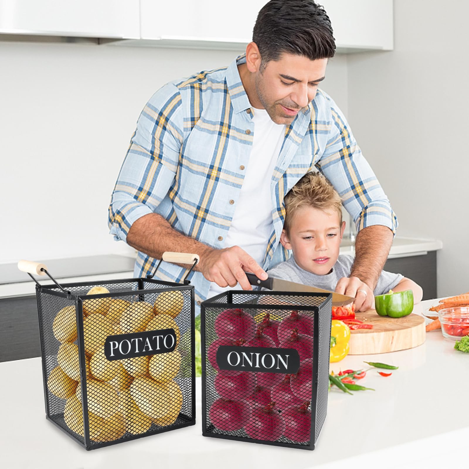 2 Set Potato Onion Storage Bin Metal Mesh Baskets Wooden Handle Pantry