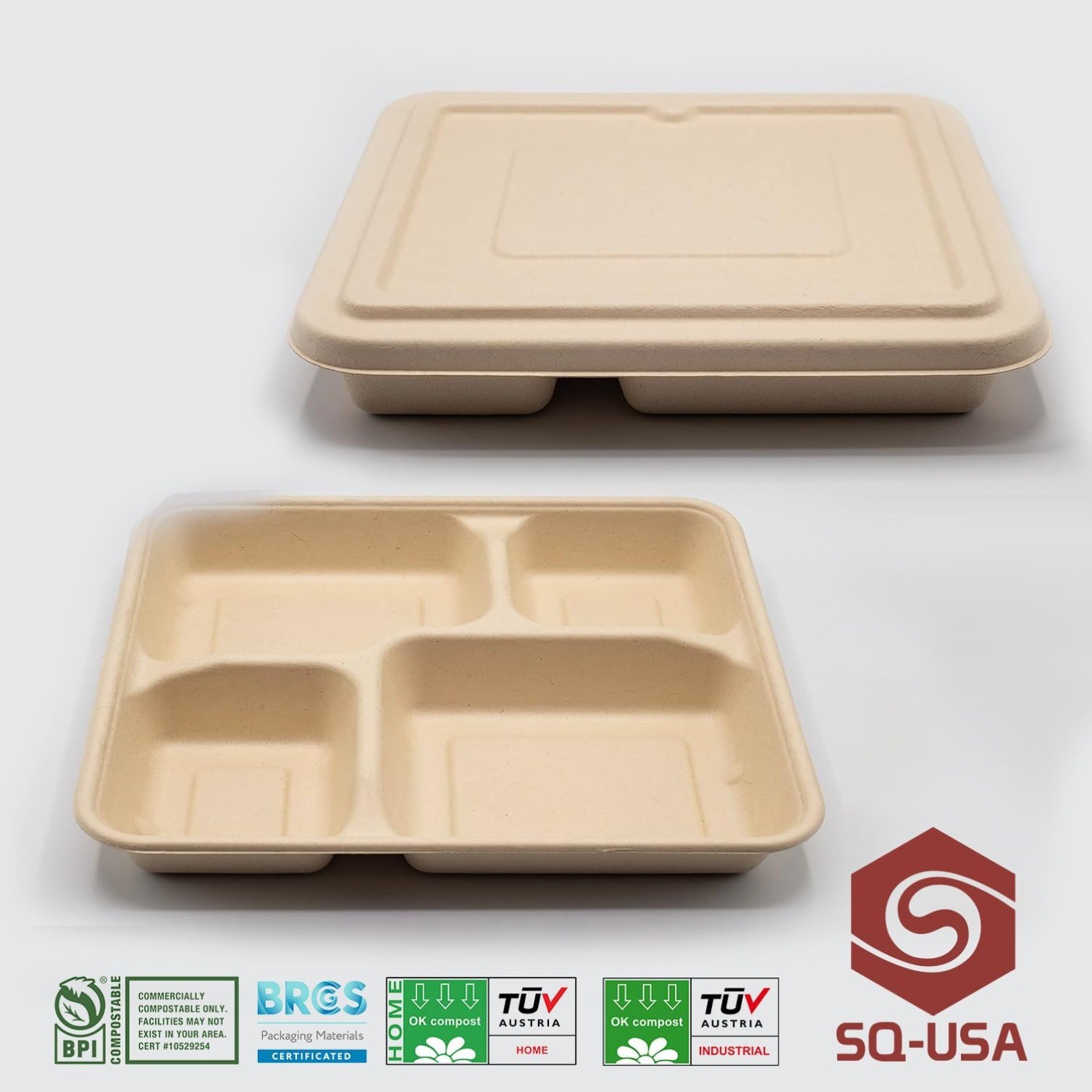 25 Pack 9X9″ 4-Compartment Meal Prep Lunch Bento Boxes with Lids,Made of Bagasse