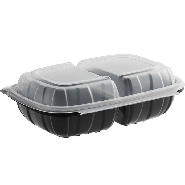 9″ x 6″ x 3″ Microwaveable 2-Compartment Black / Clear Plastic Hinged Container