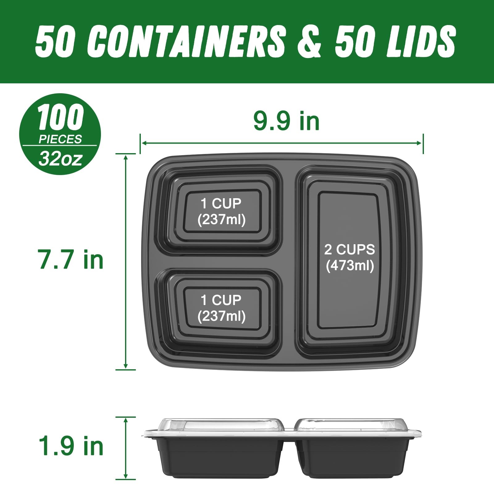 50-Pack (100-Piece) 32oz Meal Prep Containers – Reusable 3-Compartment Black