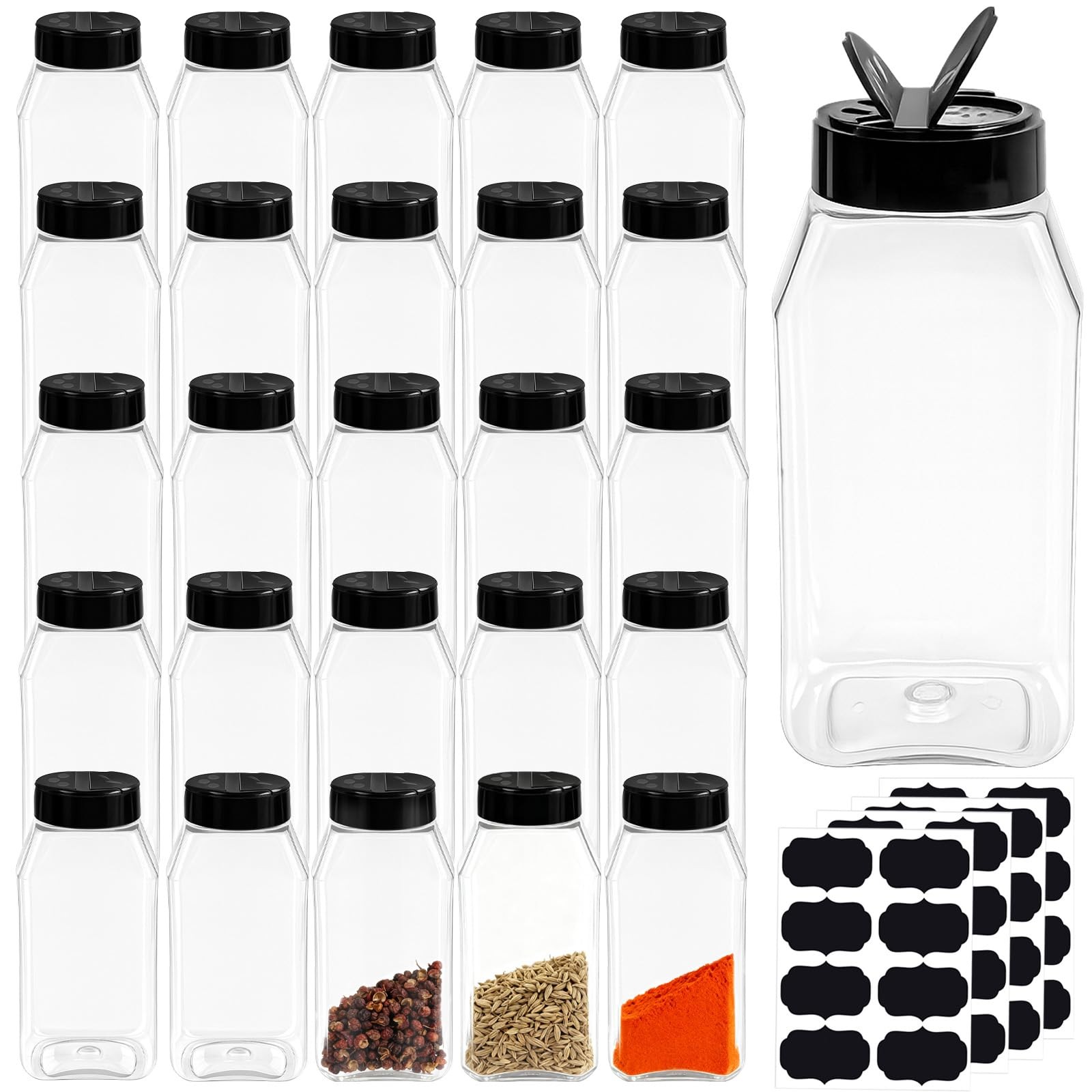 28 Pack 16 Oz Plastic Spice Jars with Black Caps for Seasoning Storage