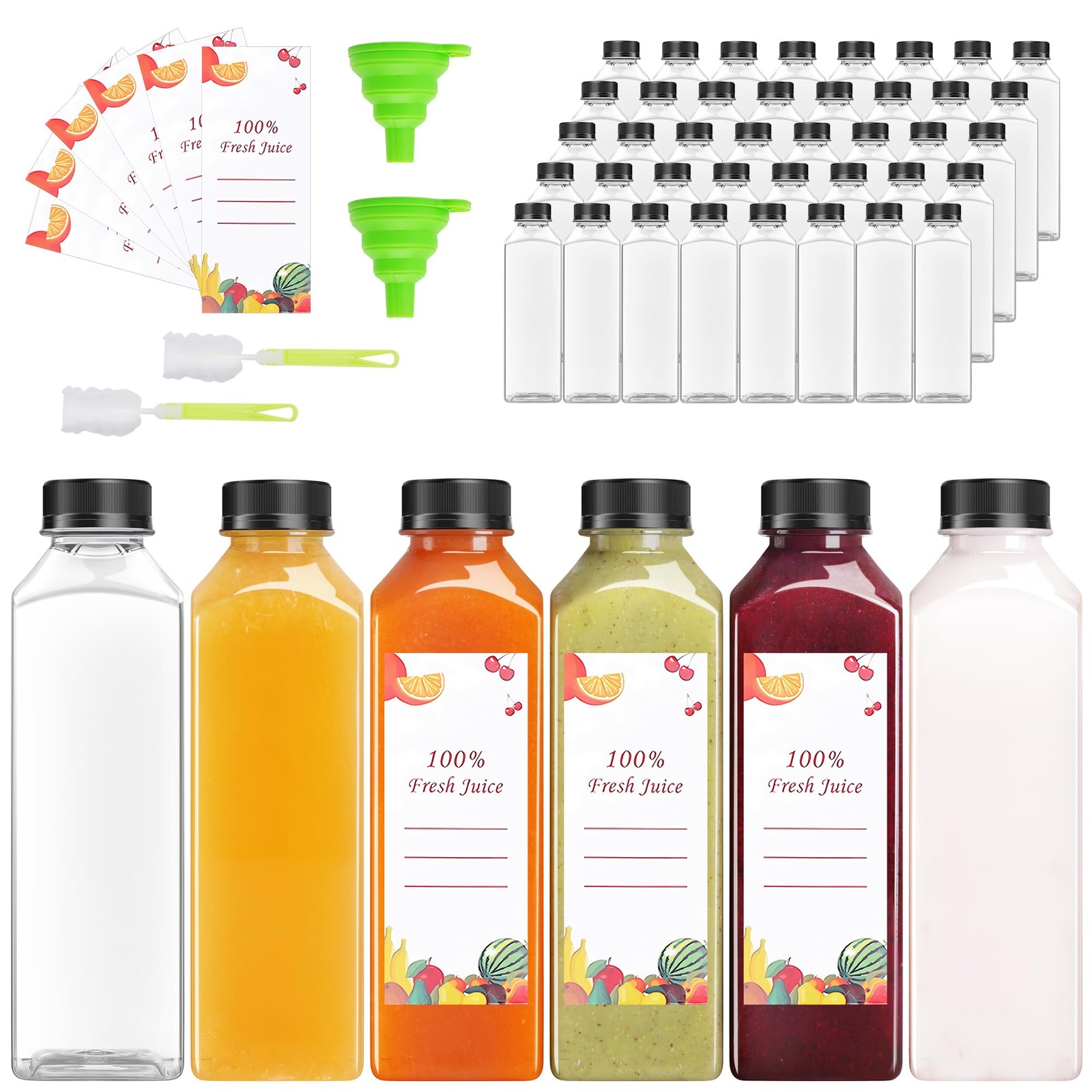 56pcs 16oz Pcs Juice Bottles, Juice Bottle with Caps Reusable Empty Clear Bot…