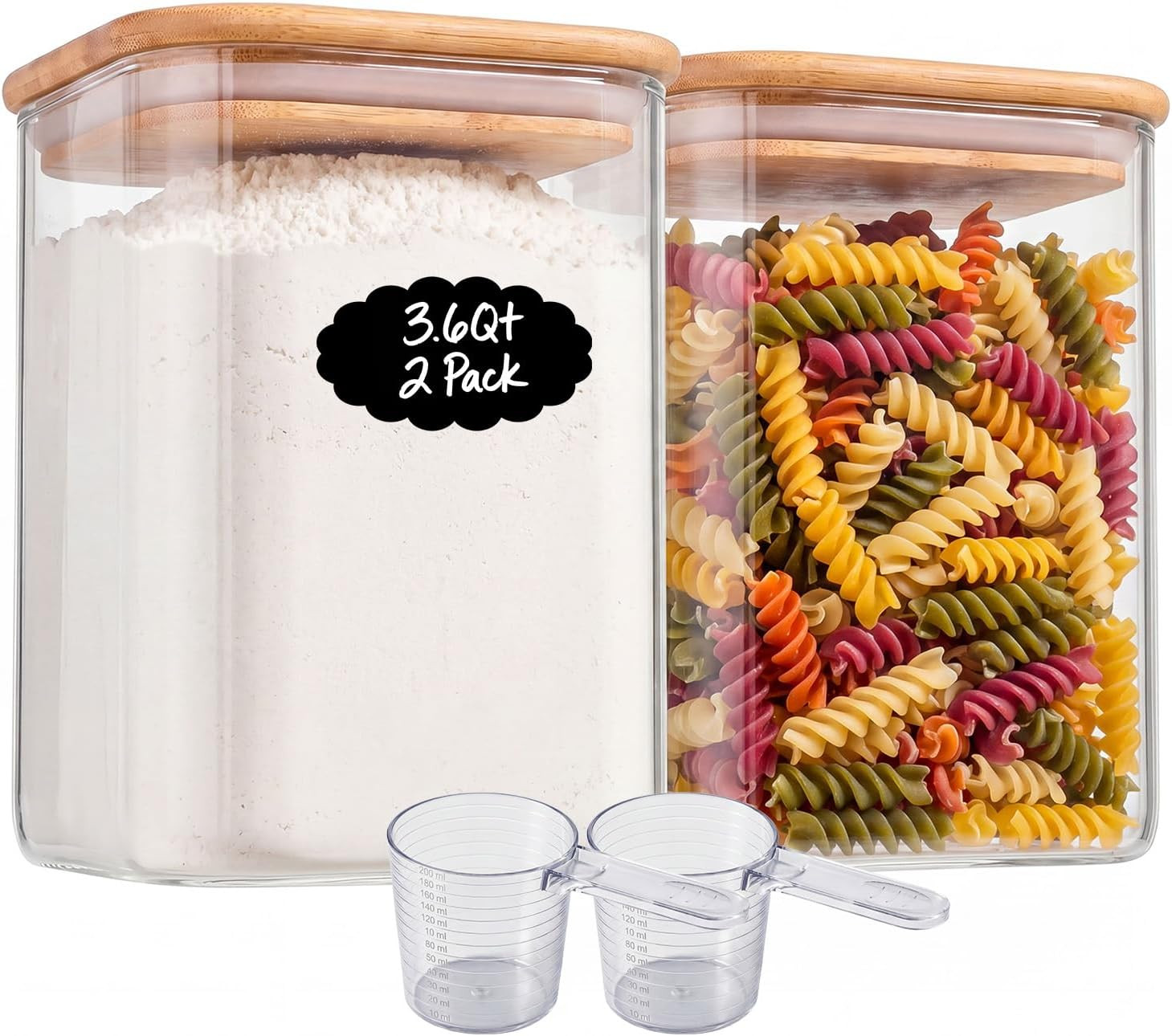 2-Pack 3.4Qt Large Glass Flour Sugar Storage Containers with Lids | Wide Mouth D