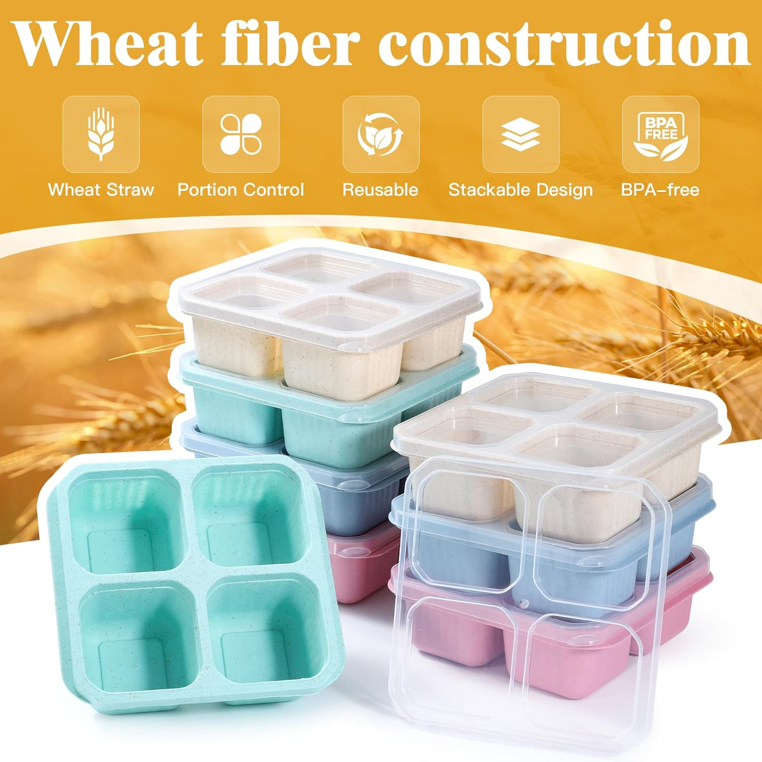 8 Pack Wheat Straw Snack Containers, 4-Compartment Reusable Bento Box with Lids