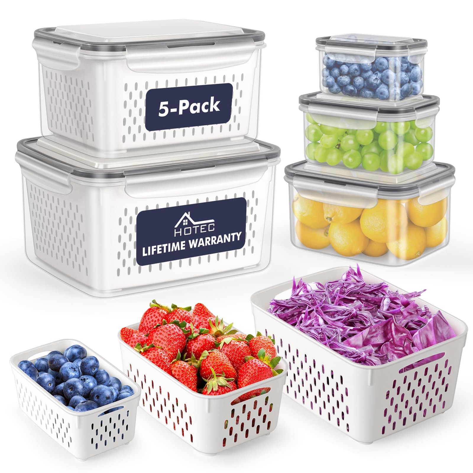 5-Pack Large Fruit Storage Container for Fridge Leak proof with Removable Col…