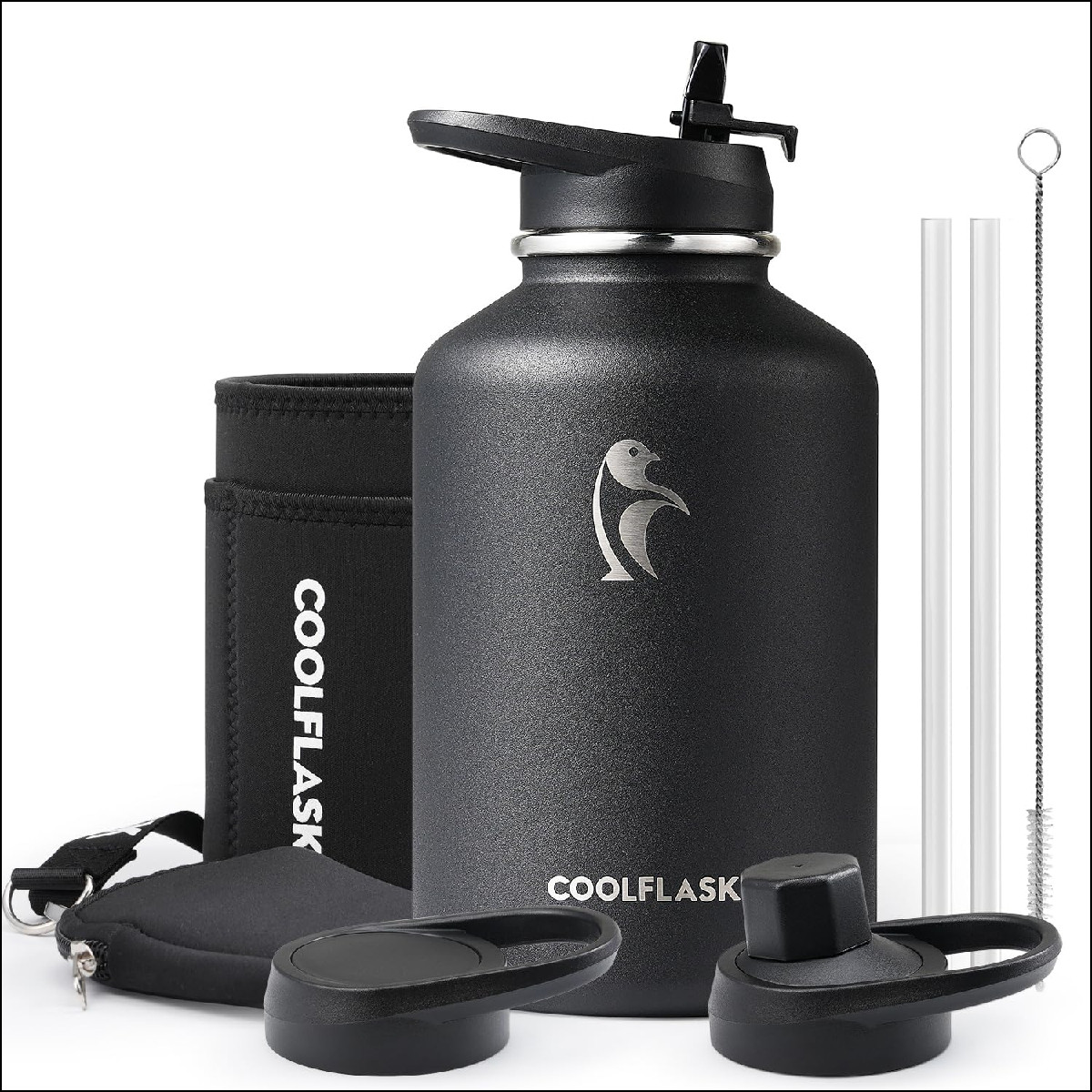 Coolflask 64 Oz Insulated Water Bottle Half Gallon Water Jug 3 Lids Stainless