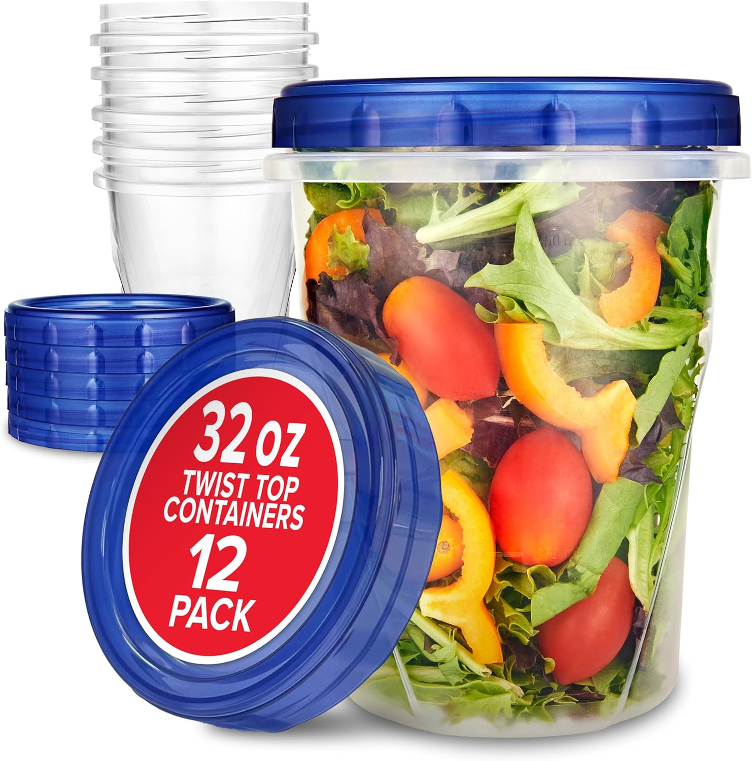 32 Oz Plastic Containers with Twist Top Lids (12 Pack), Quart Freezer Containers