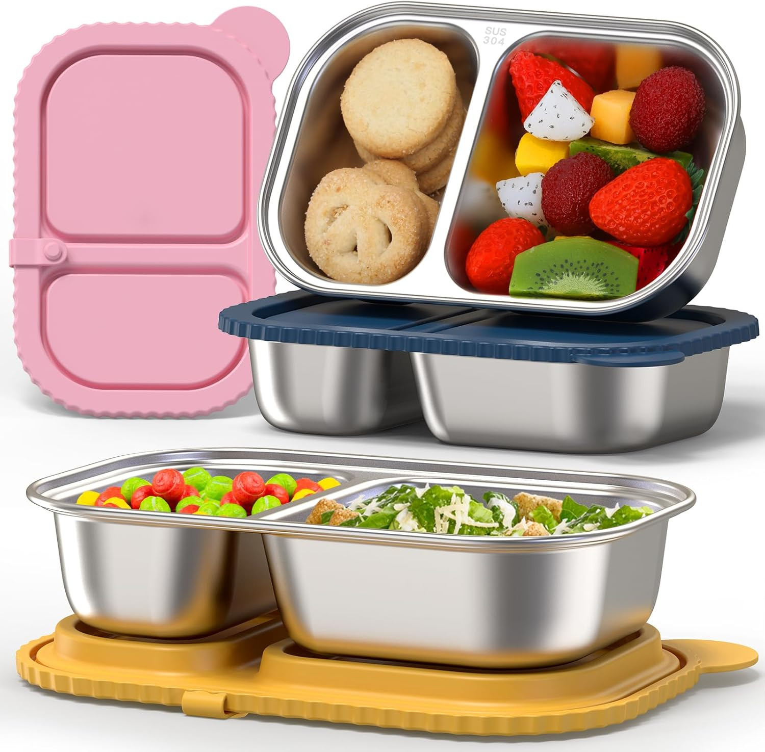 3 Pack Stainless Steel Snack Containers with Silicone Lids, Meal Prep Containers