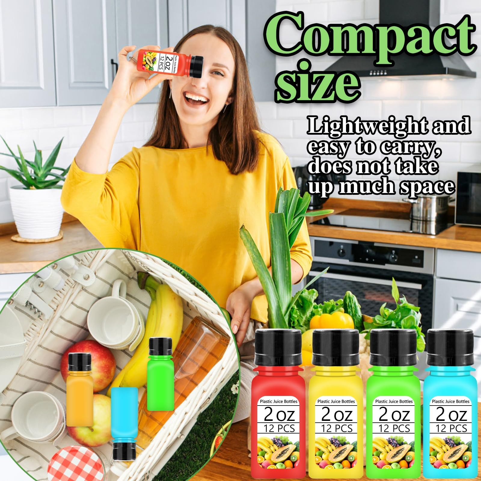 12 PCS 2oz Small Shot Bottles Black Caps Plastic Ginger Containers Funnels