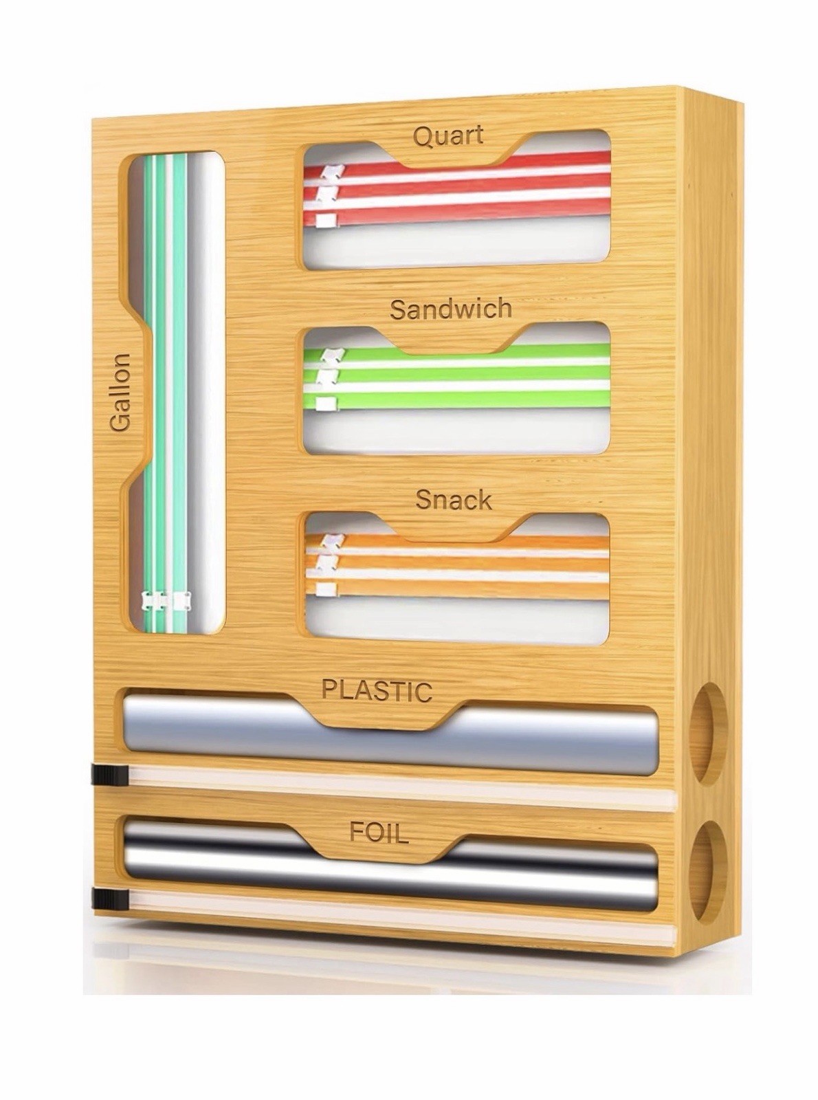 KOCWELL Bag Organizer Plastic Wrap Dispenser Cutter 6 In 1 Bamboo Kitchen Drawer