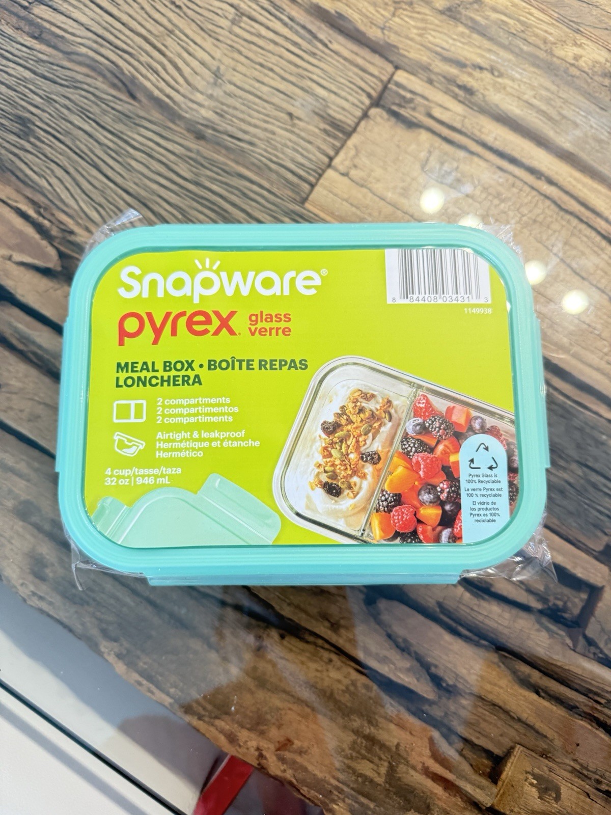 SNAPWARE PYREX GLASS MEAL BOX 7002-L 2 COMPARTMENTS w/LID 5.8 CUP/46.4 OZ. NEW