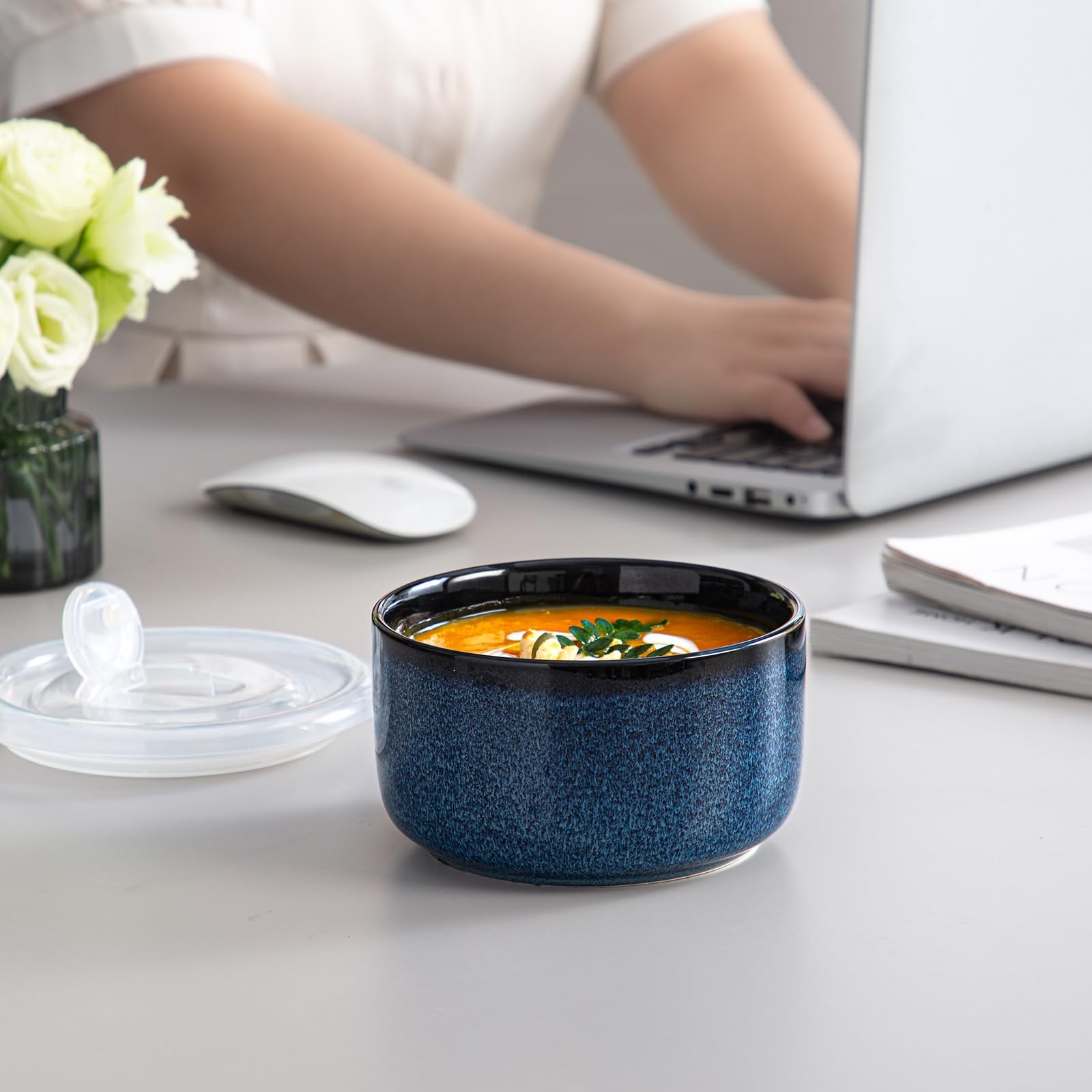Ceramic Bowls Set with Lids: Set of 4 Microwave Safe Bowls for Soup Meal Prep…