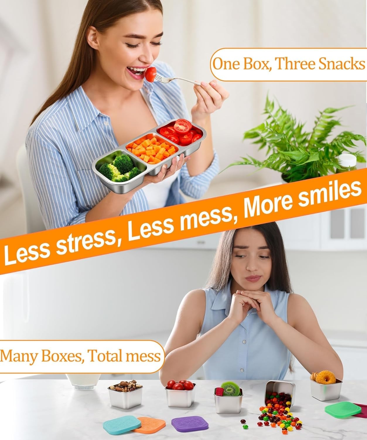 Stainless Steel Snack Container Large Leak-Proof 3-Compartment Lunch Box