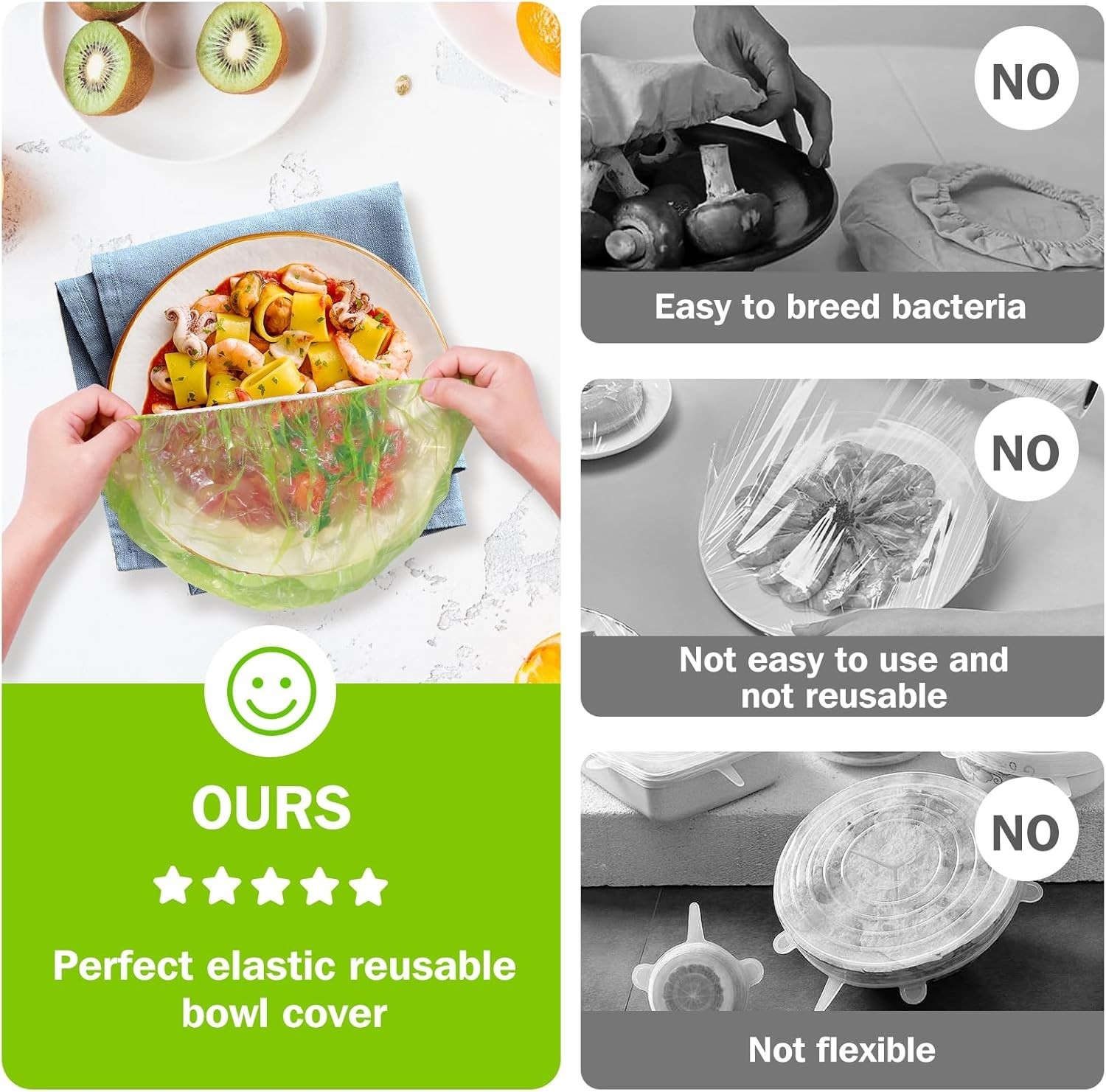Reusable Bowl Covers Set of 60 Plastic Elastic Food Wraps for Outdoor Picnics