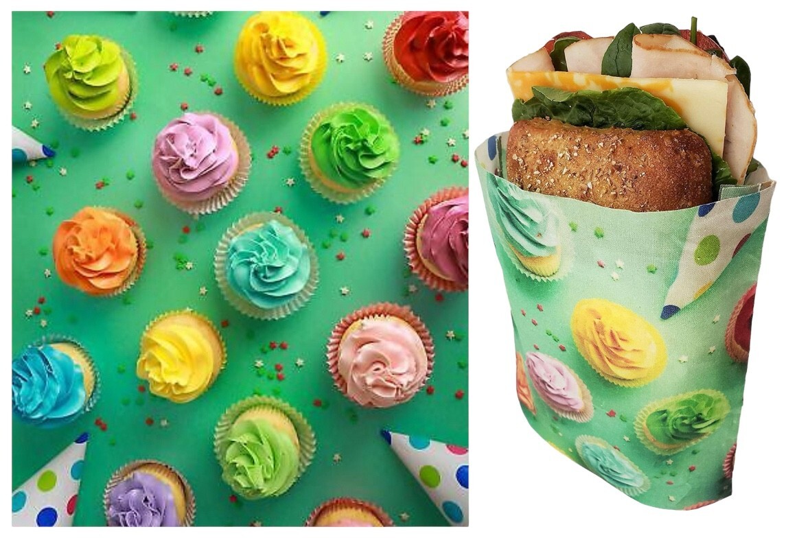 Beeswax Reusable Snack Bag Sandwich Bag Organic Cotton Handmade Cupcakes Pattern