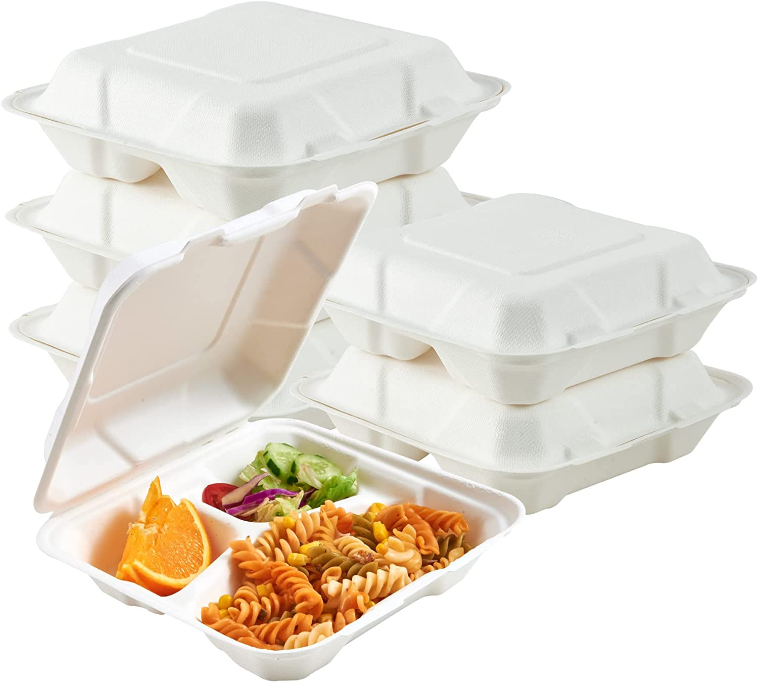 50-PK Clamshell Take Out Food Containers – 3-Compartment To Go Lunch Boxes 8x8x3