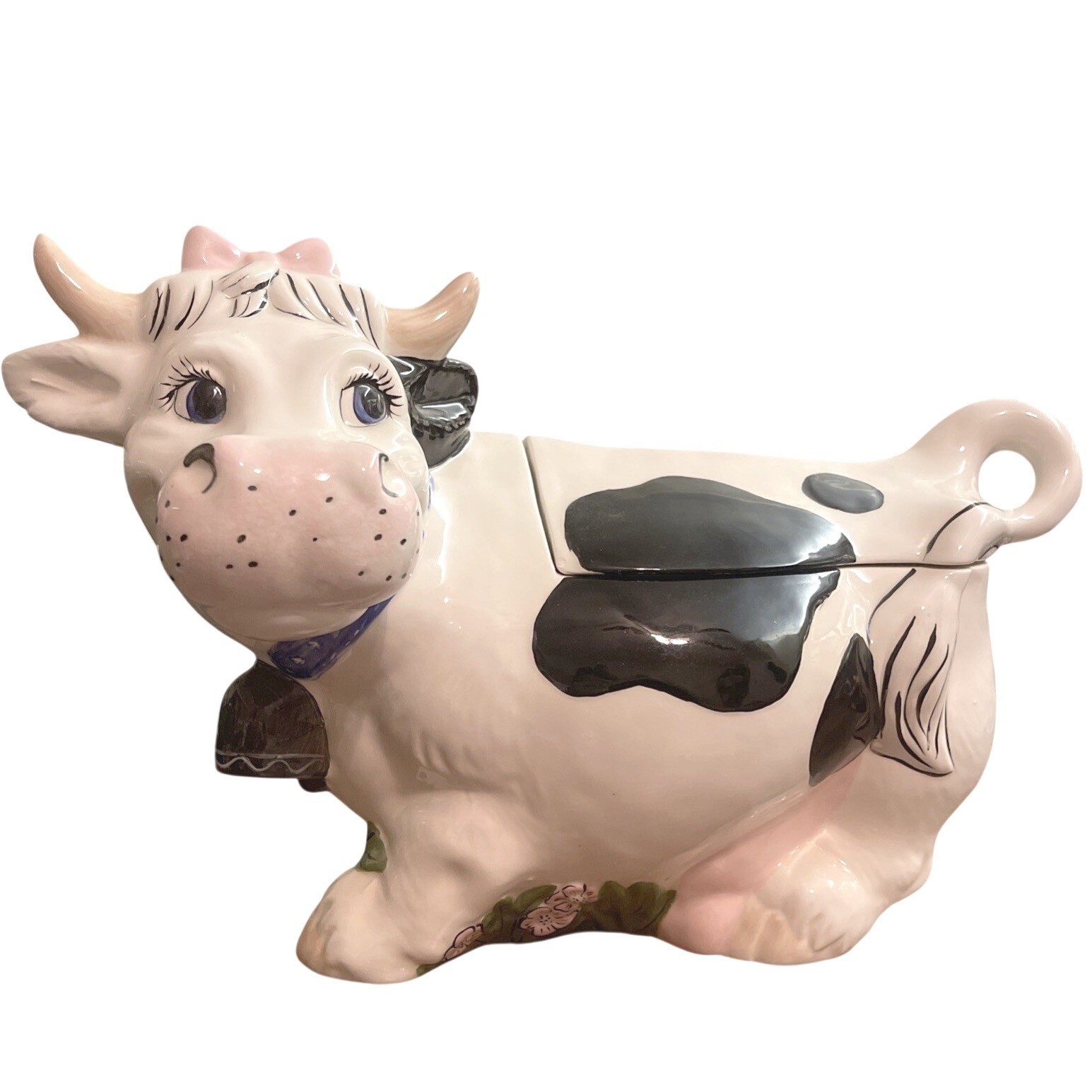 VTG Ceramic Cow Cookie Jar Black White Pink Bow Granny Twin Winton Cottage 16″