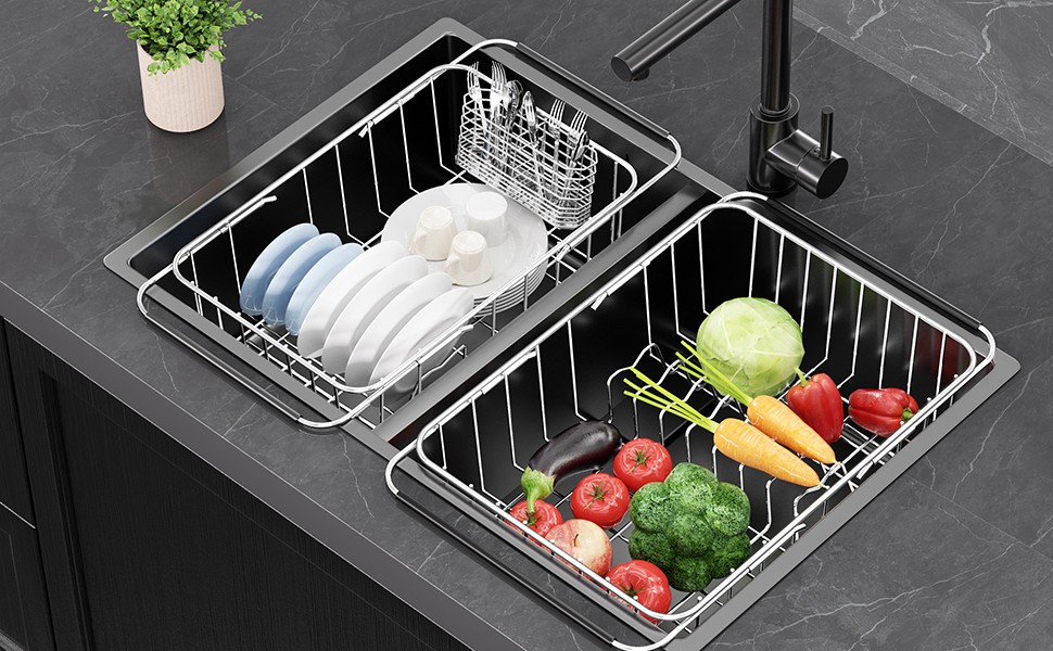 Dish Drainer Rack in Sink Adjustable, Expandable 304 Stainless Steel Metal Dish