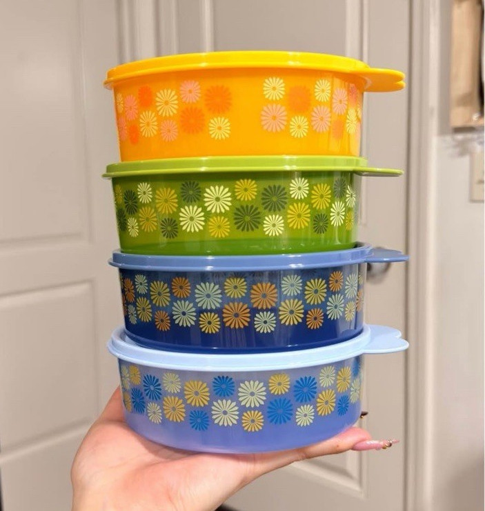 Tupperware Plastic Round Storage Container Set Snap Lid Floral Multicolor 4pc