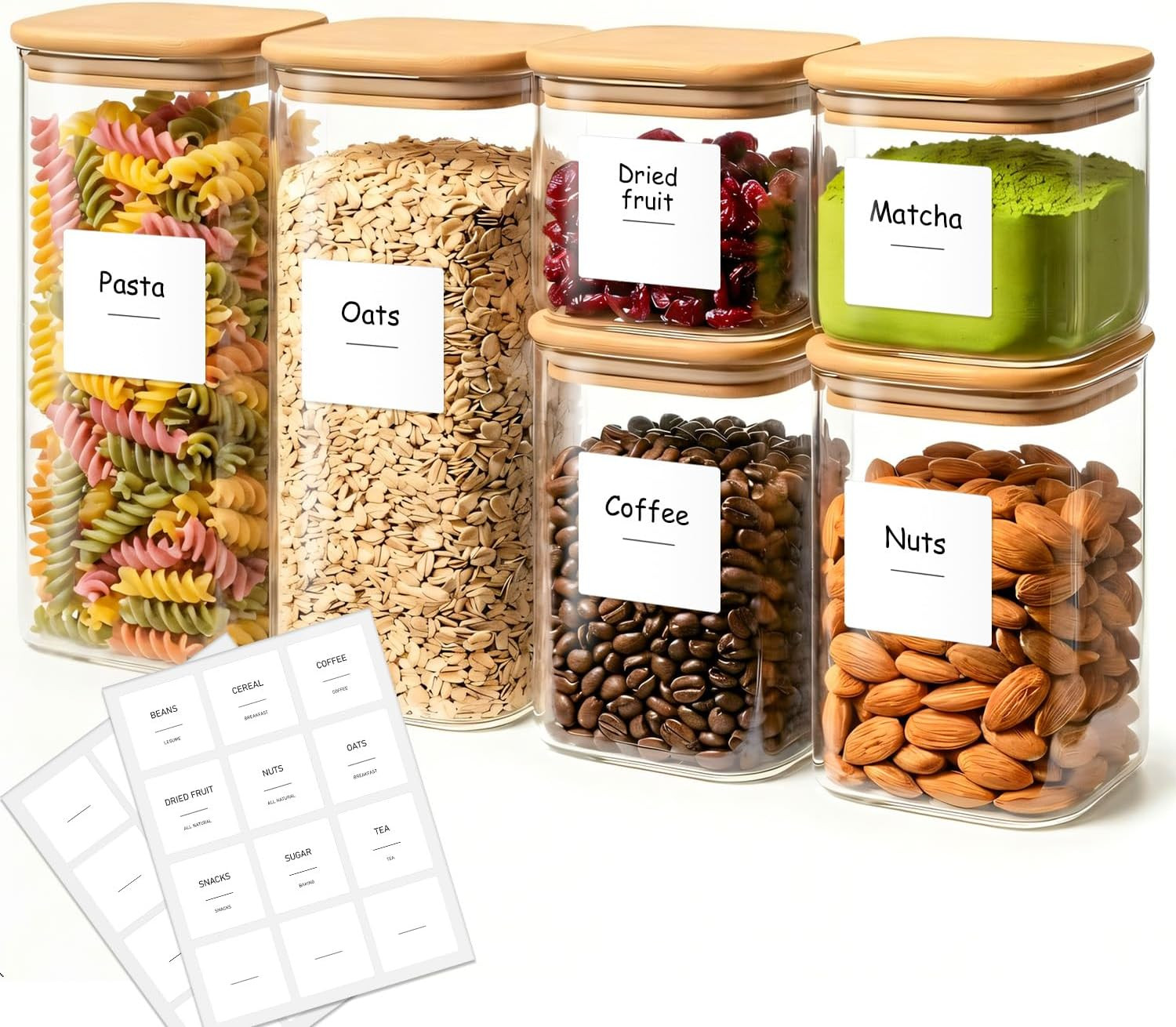 6-Pack Square Glass Pantry Storage Containers with Lids, Airtight Stackable Pant