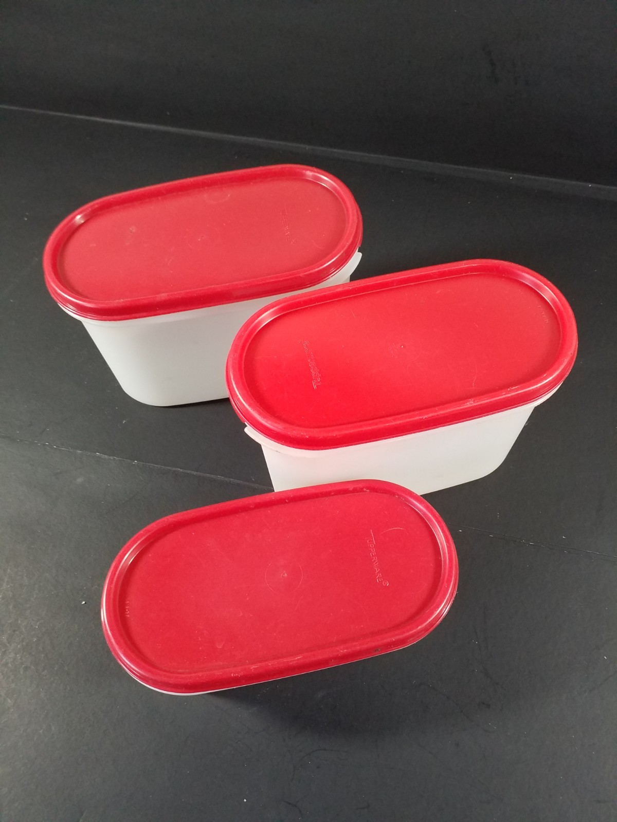 Tupperware Modular Mates Oval Storage Containers 1-2 Cup & 2- 4.75 Cup W/RedLids