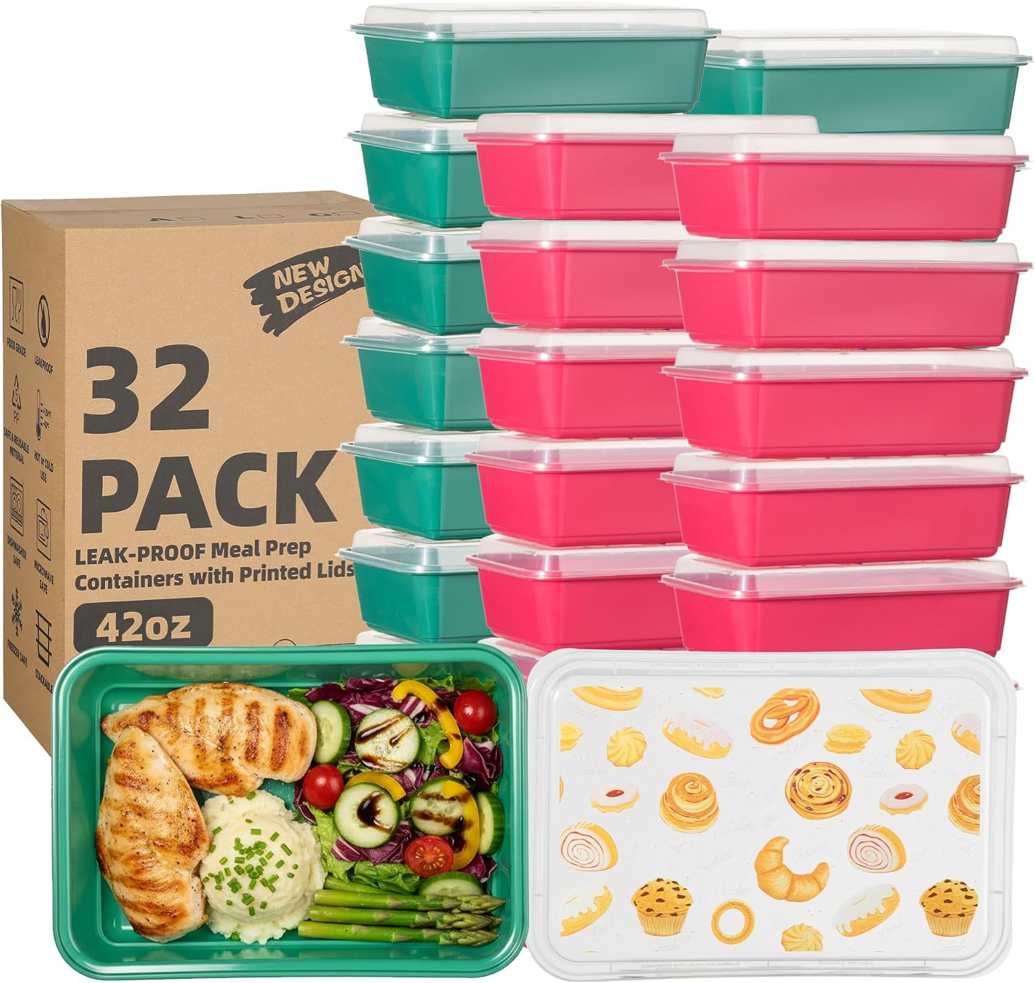 Reusable 42 oz Food Storage Containers 32 Pack Leak Proof Meal Prep Lids