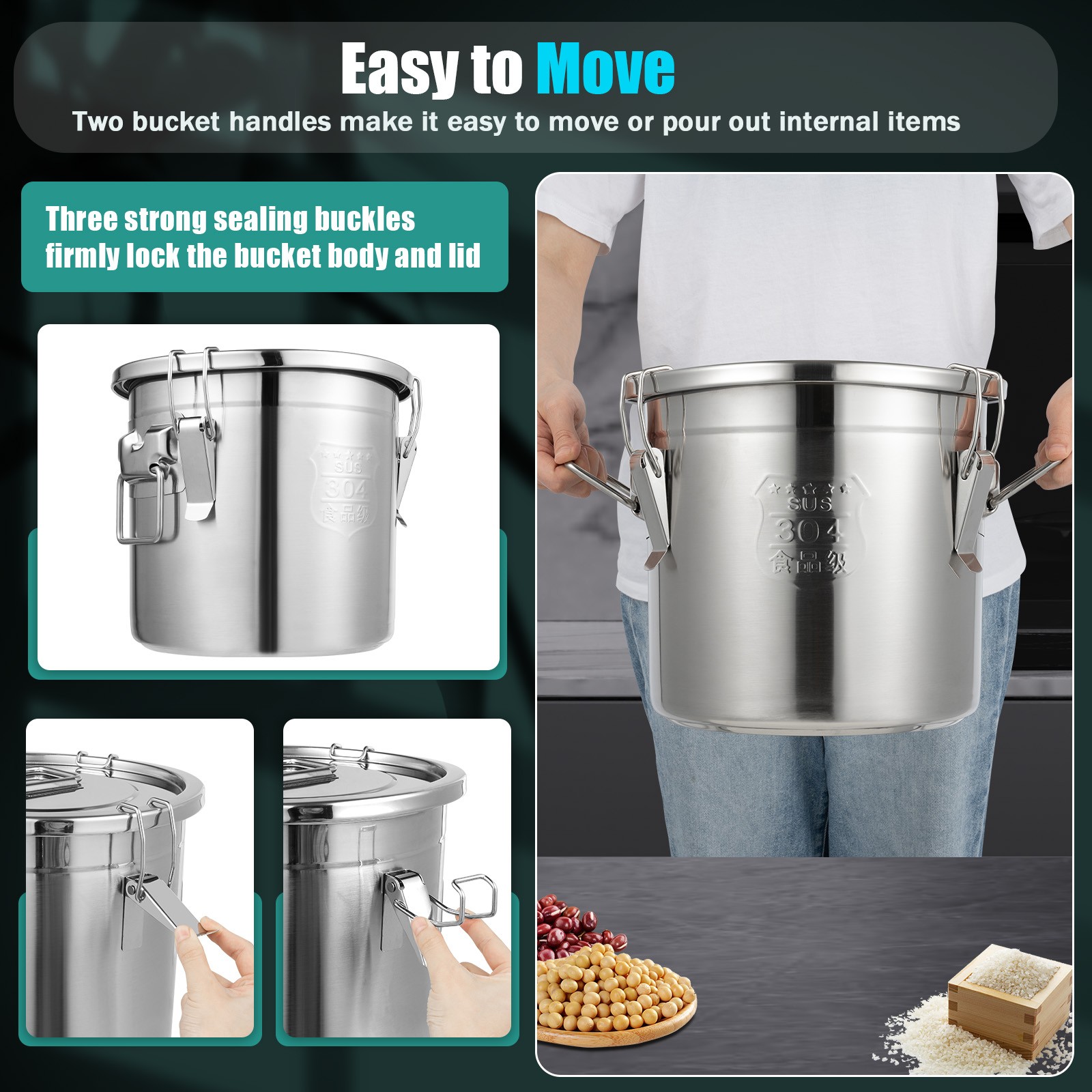 Stainless Steel Cereal Container Metal Pet Food Kitchen Rice Storage Bucket 12L