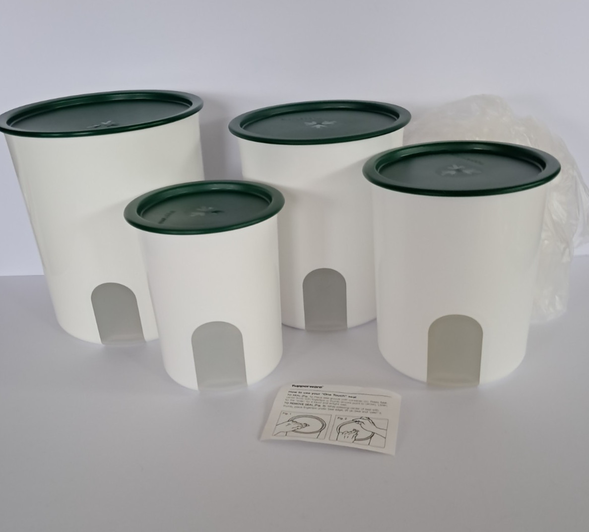 NEW Vintage Tupperware Canister One Touch Reminder Window Green Lids Seals EXC