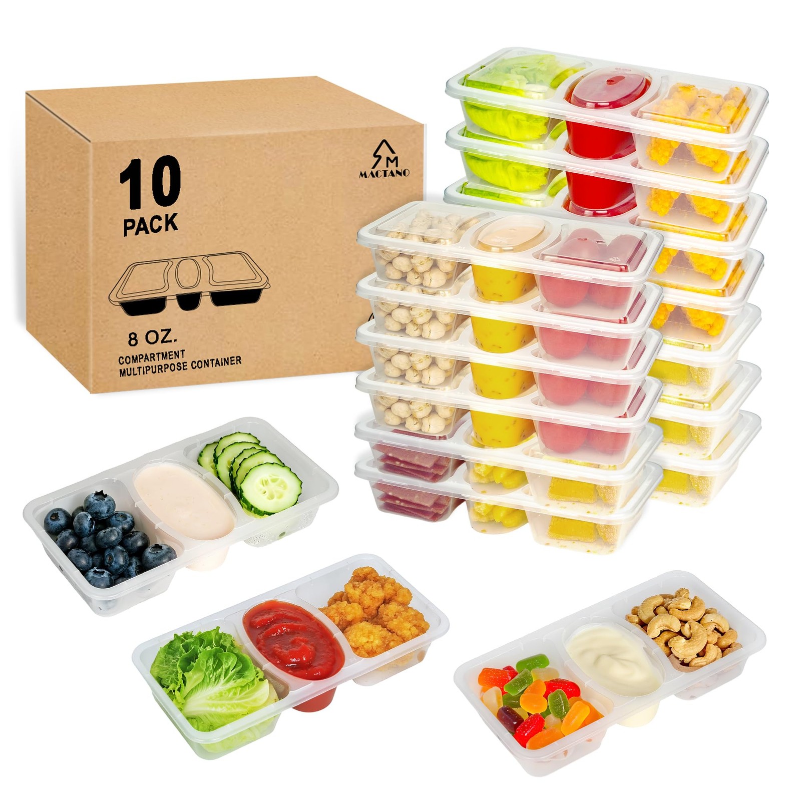 8 OZ Reusable Snack Containers with Lids, New 3 Compartment Condiment Snack P…