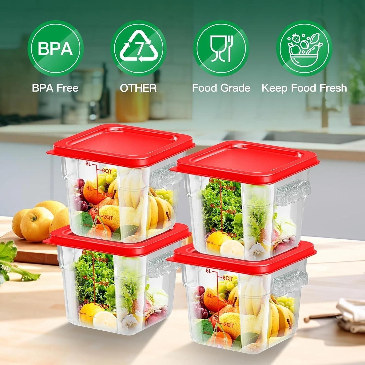 Durable 4 Piece 6qt Food Storage Container Set with Handles and Graduated Scale