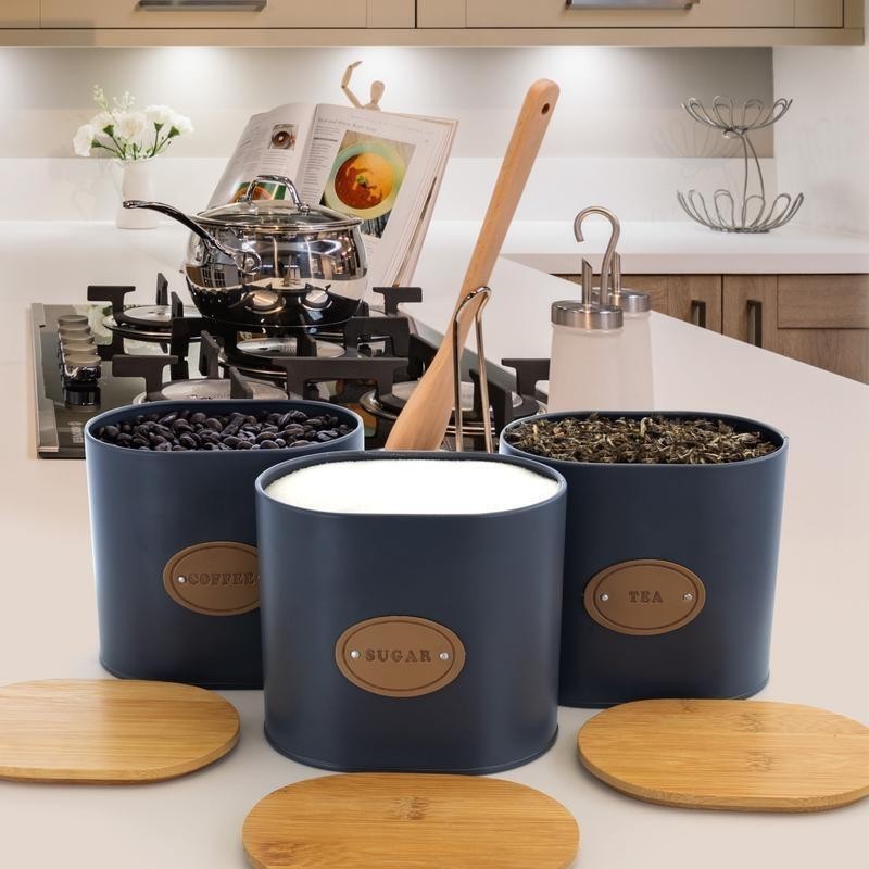 5 Piece Metal Canister Set W/ Bamboo Lids Kitchen Storage Organization New