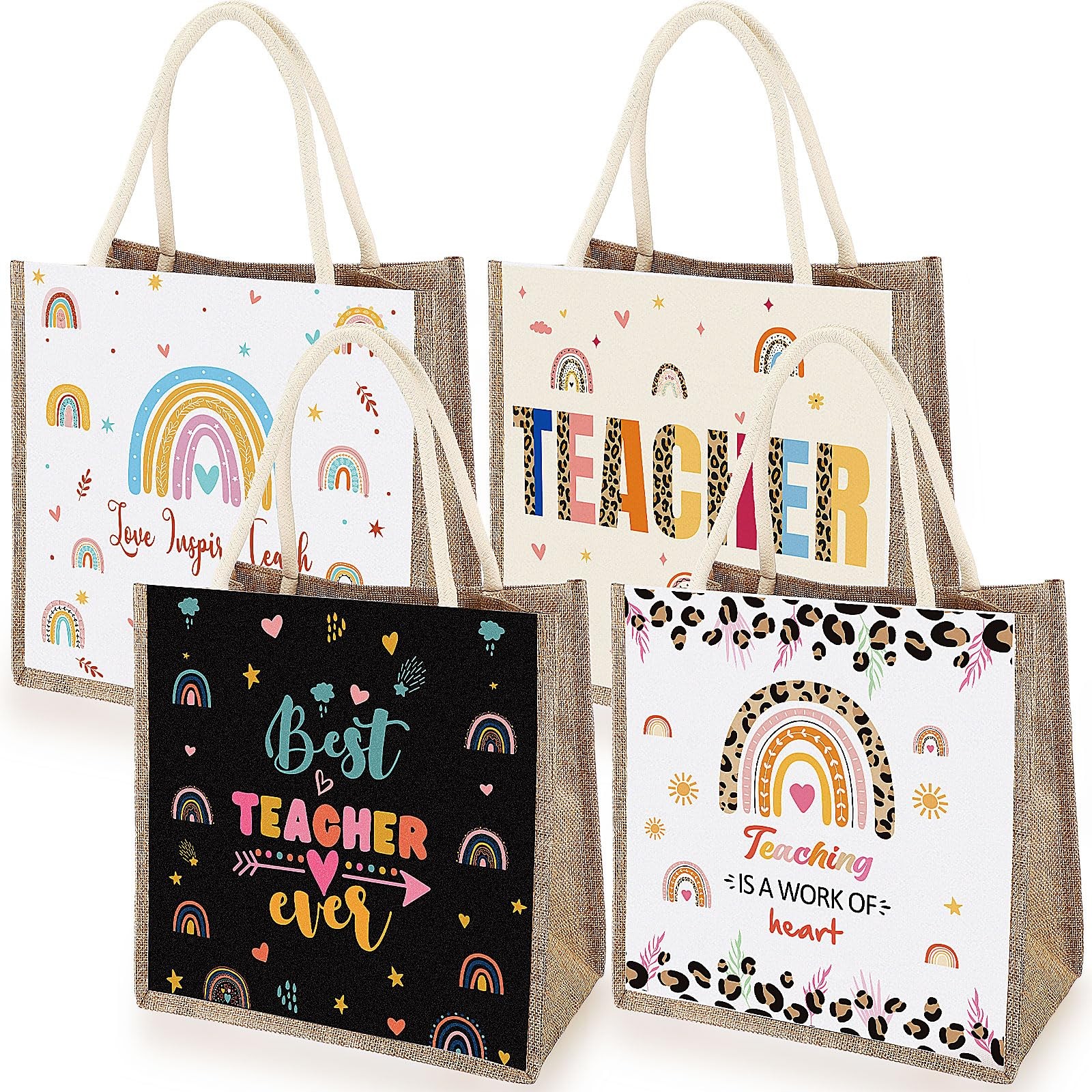 Silkfly 4 Pcs Teacher Appreciation Tote Bag Gifts For Women Rainbow Pattern