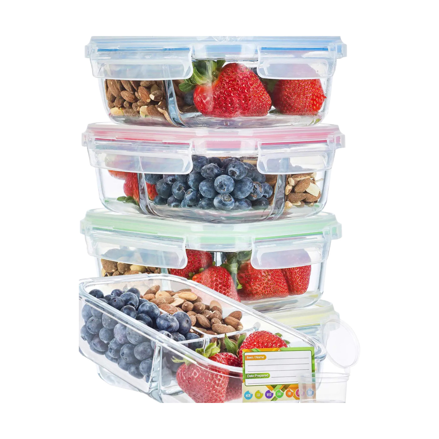 Hello Meal Prep 5-Piece 3-Compartment Leakproof Glass Storage Containers