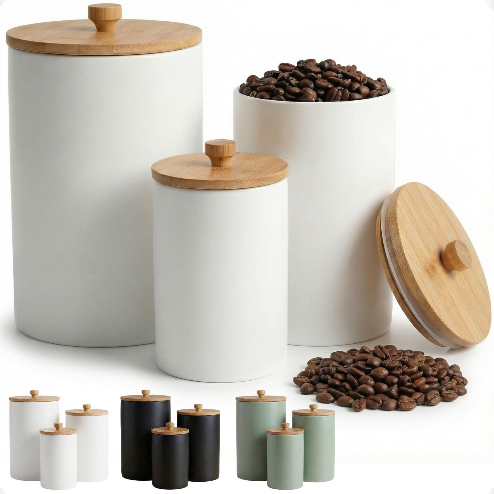 Ceramic Kitchen Canisters for Countertop Set of 3 with Airtight Bamboo Lids …