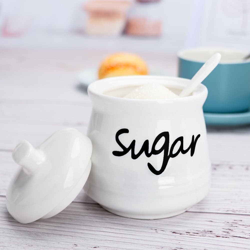 Ceramic Sugar Bowl with Lid and Spoon, 12 Ounces Porcelain 12ounce, White
