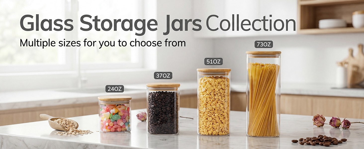 37 Oz Glass Storage Jars with Bamboo Lids – 6 Pack Clear Glass Canisters Square