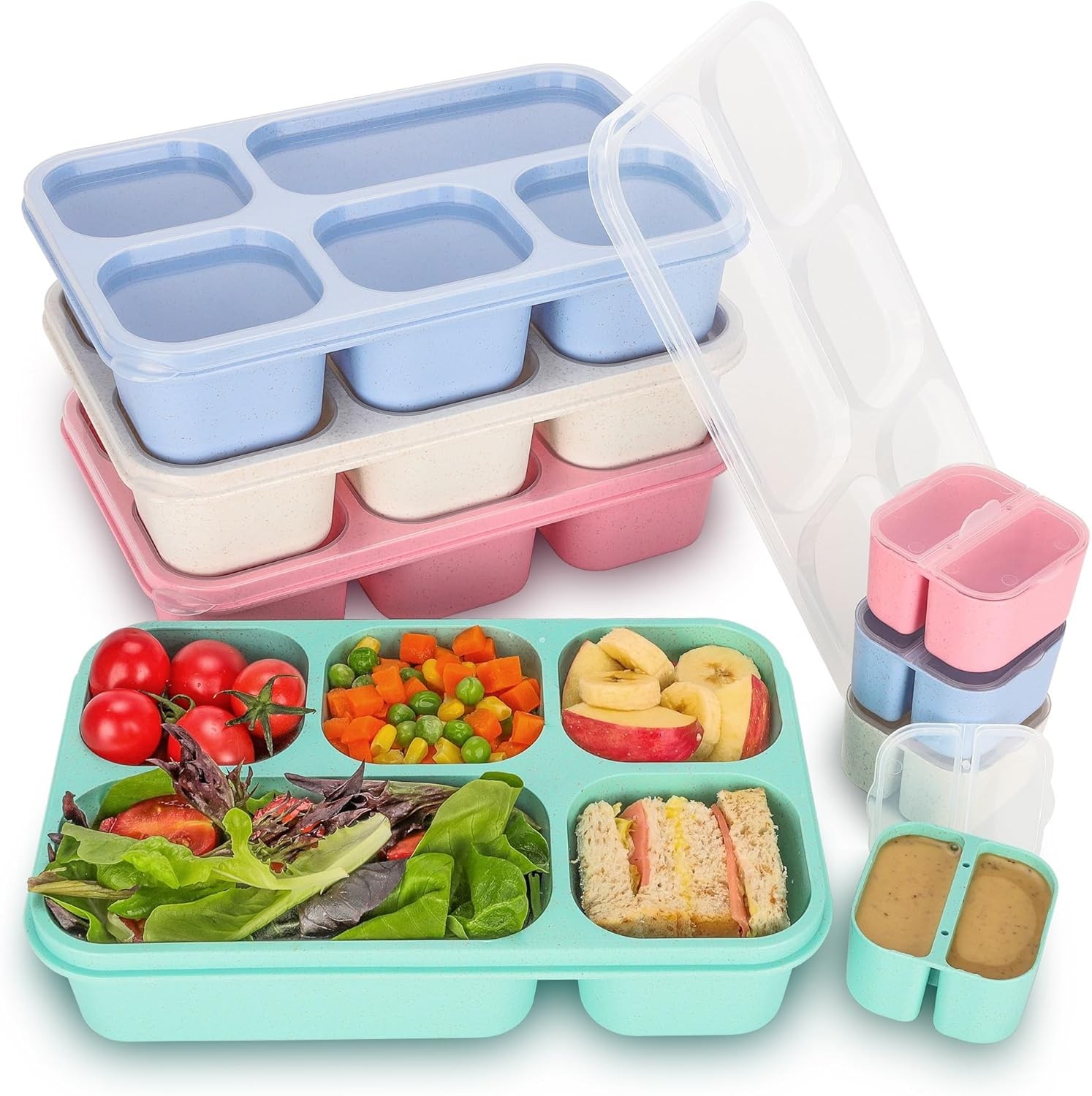 Bento Box Adult, 4 Pack 5 Compartments Meal Prep Green/Blue/Pink/Beige