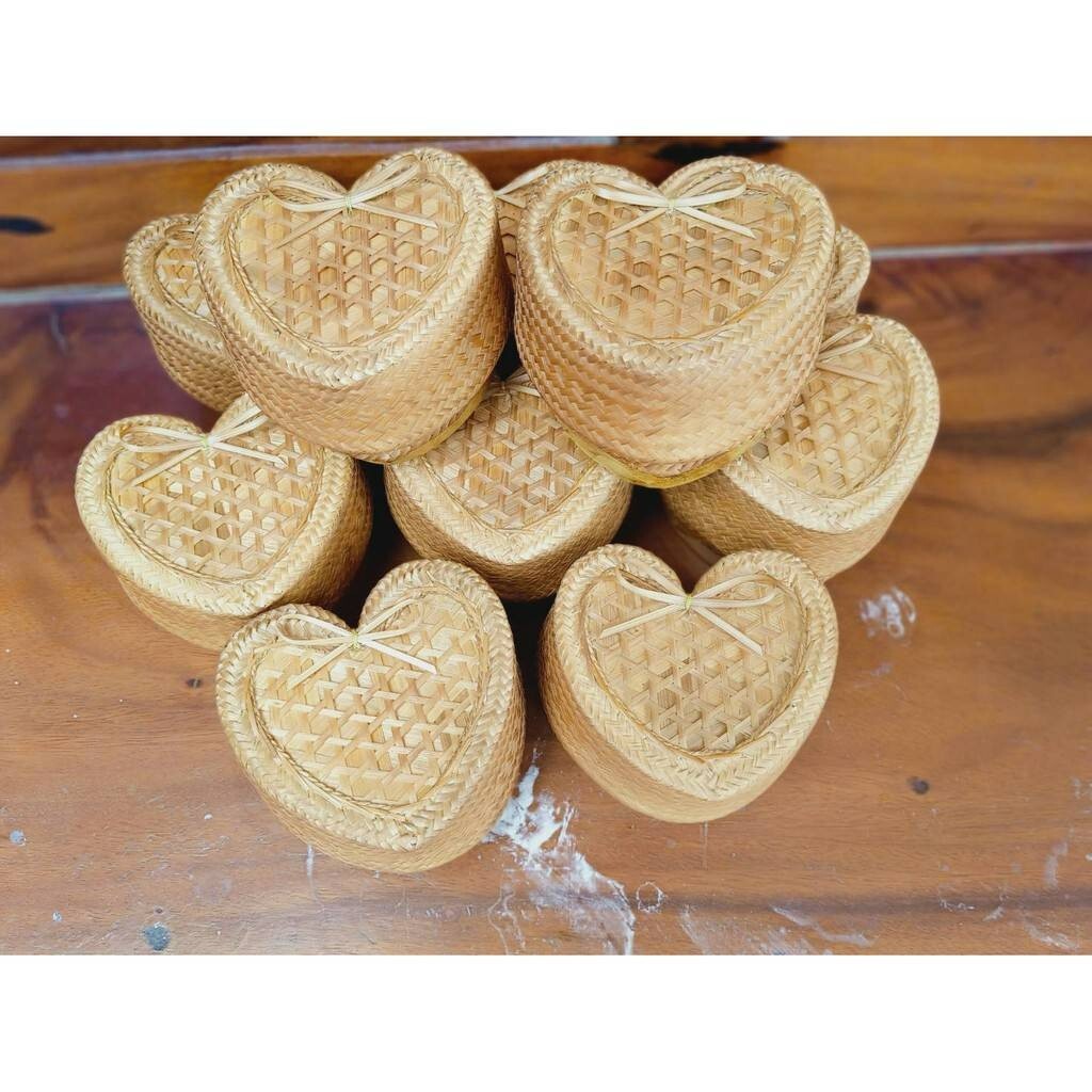 5″Heart Kratip Bamboo Thai Basket StickyRice Woven Primitive Gathering Handmade