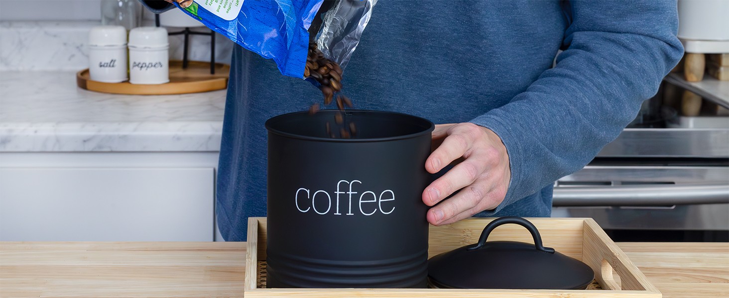 Enamelware Black Coffee Canister; Modern Farmhouse Style Coffee Storage for