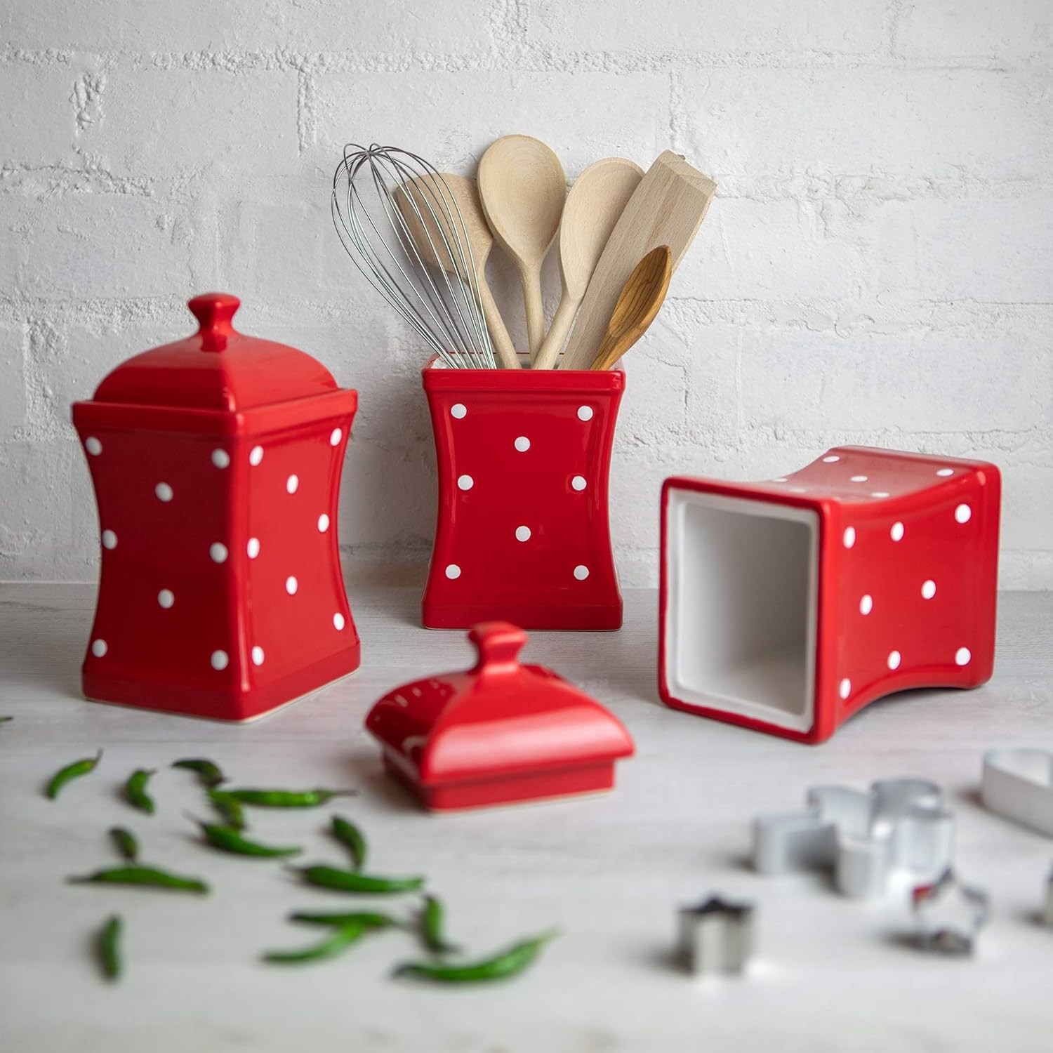 Red and White Polka Dot Handmade, 31.5oz/900ml Ceramic Kitchen Storage Jar Set