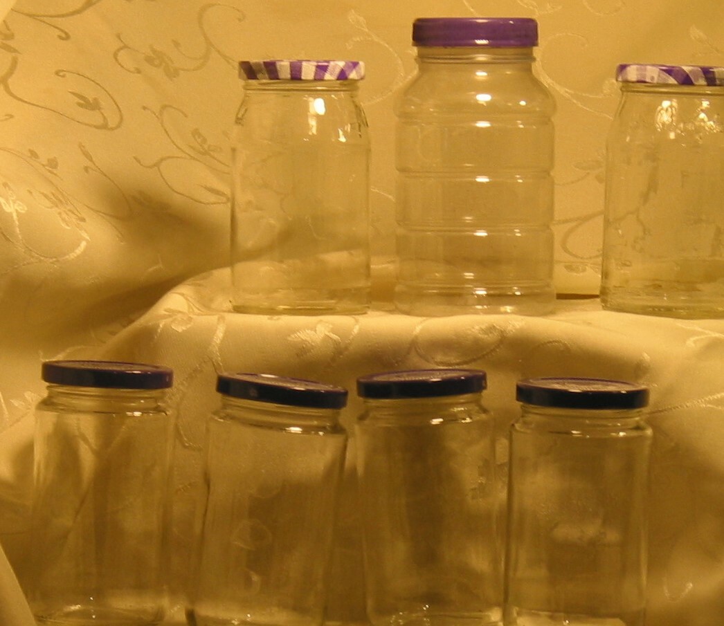 7 Clean Used Clear Glass & Plastic Jars With PURPLE Lids For Storage & Display