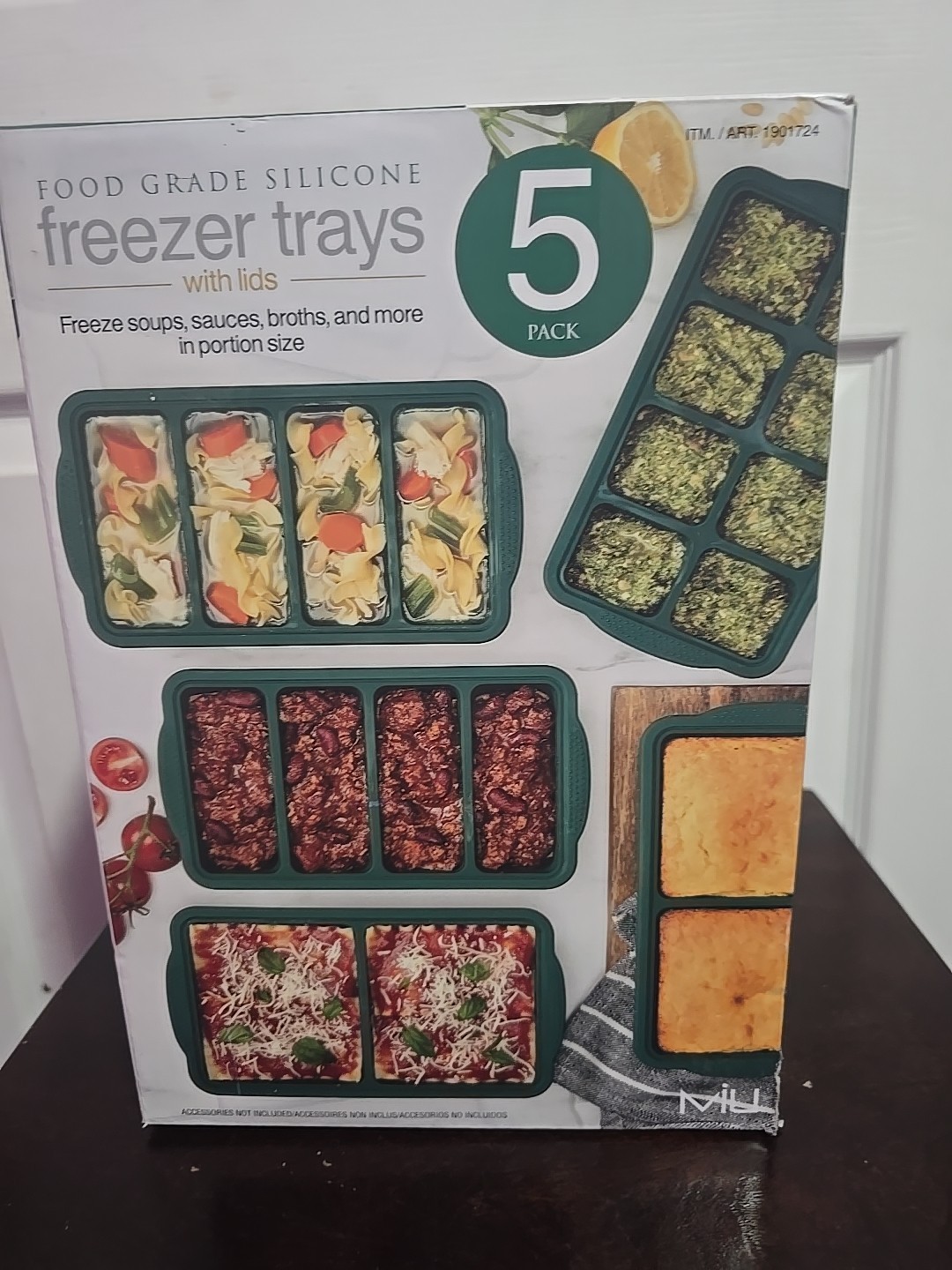 Food Grade Green Silicone Freezer Trays With Lids, 5 PACK Assorted Portion Sizes