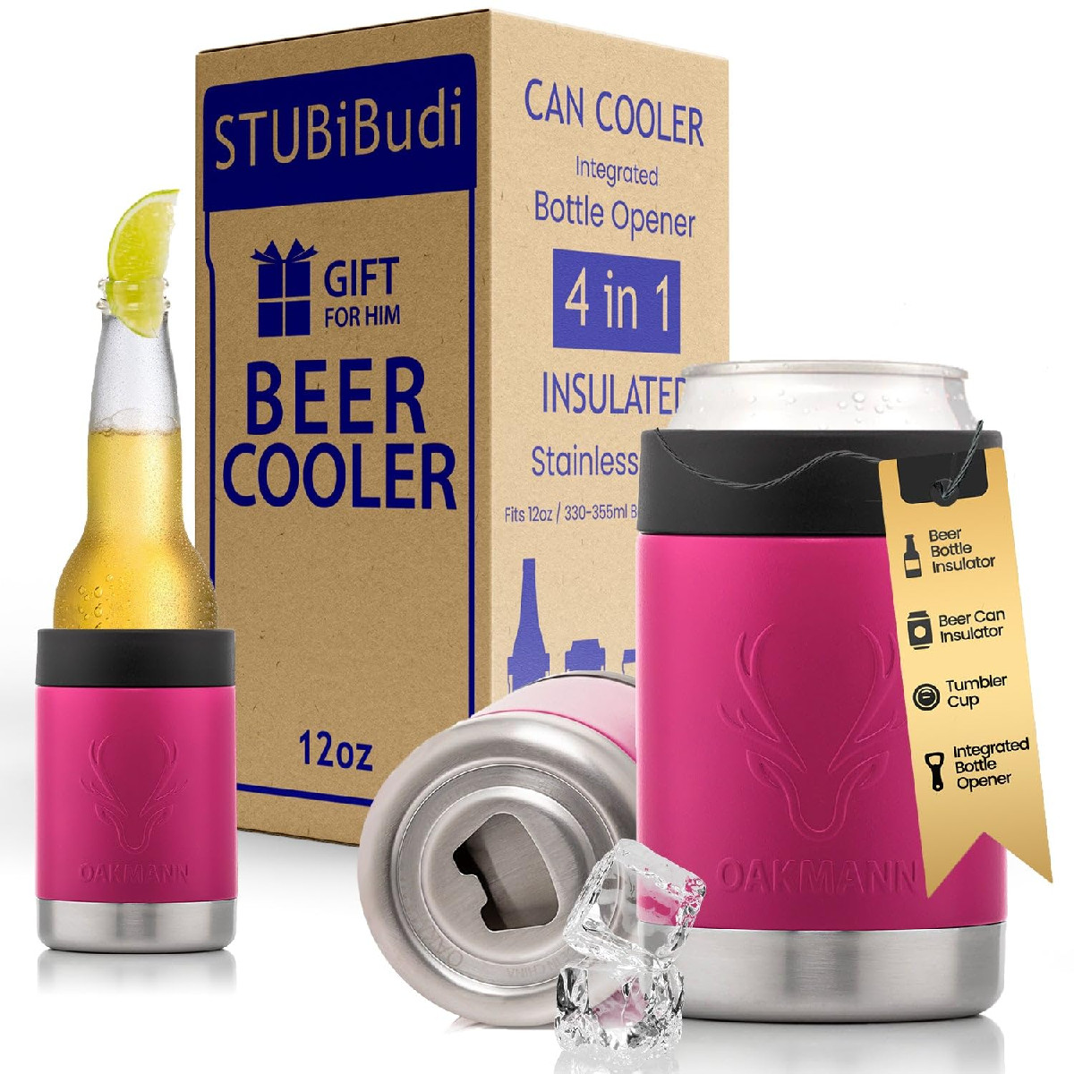 Oakmann Stainless Steel Beer Cooler Bottle Opener Vacuum Insulated Can Cooler