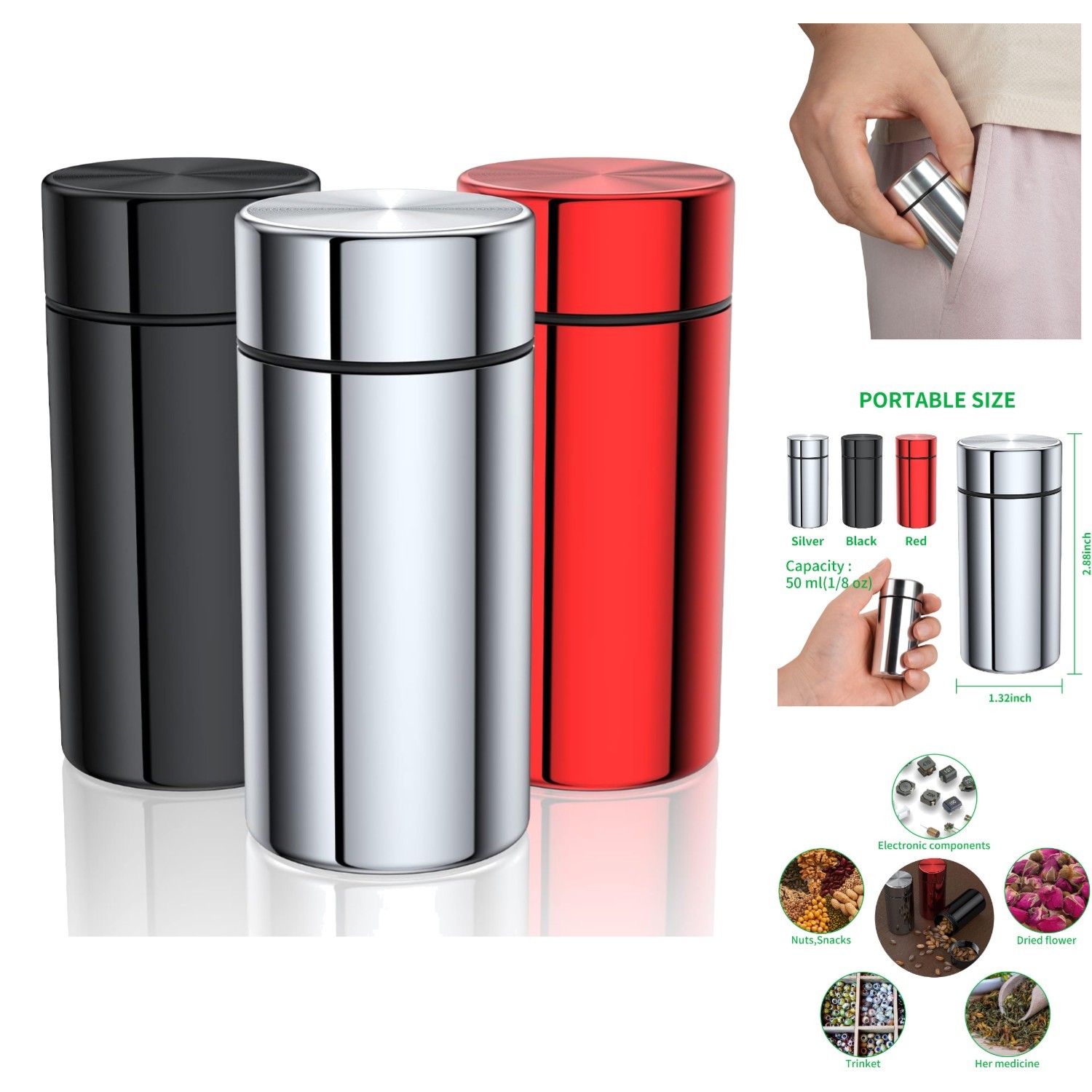 3-Pack Aluminum Storage Jars Airtight Smell Proof Containers for Herbs & Spices