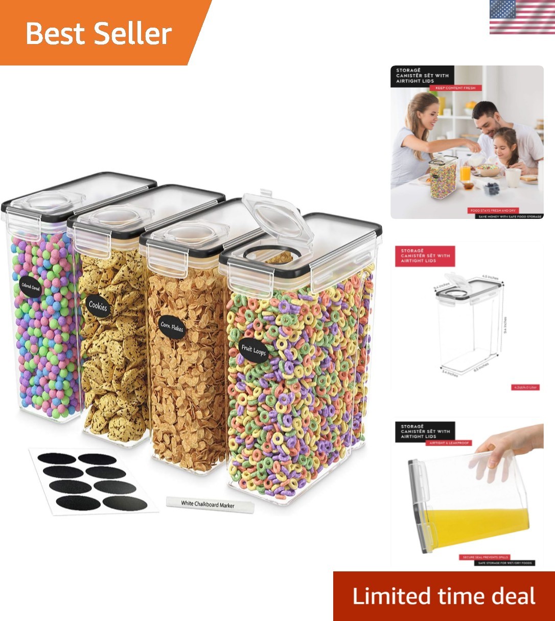 Cereal Containers Storage 4L Set of 4 Airtight Food Storage Containers with L…