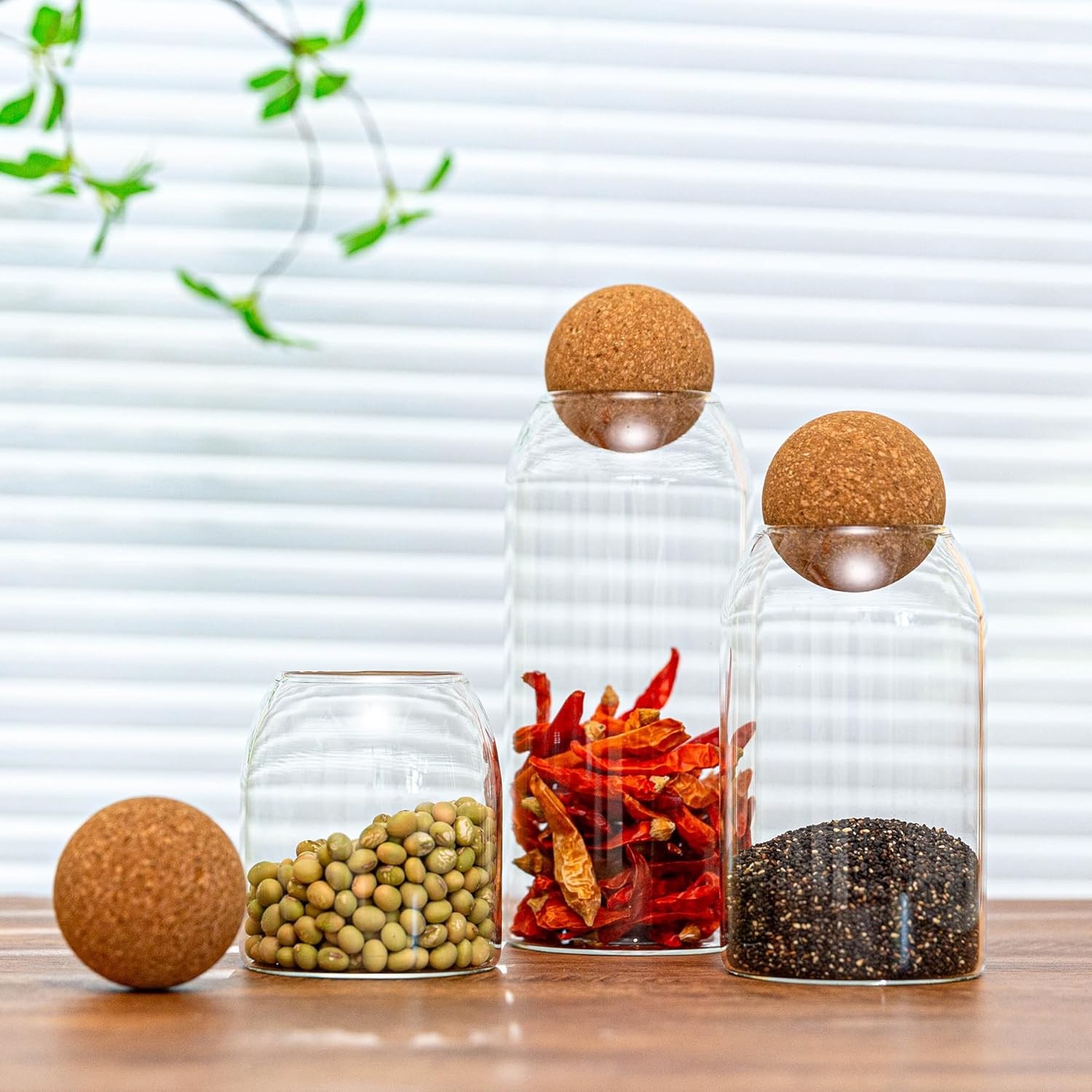 3 Pcs Glass Storage Jars with Cork Ball Lids – Airtight Decorative Round Glass