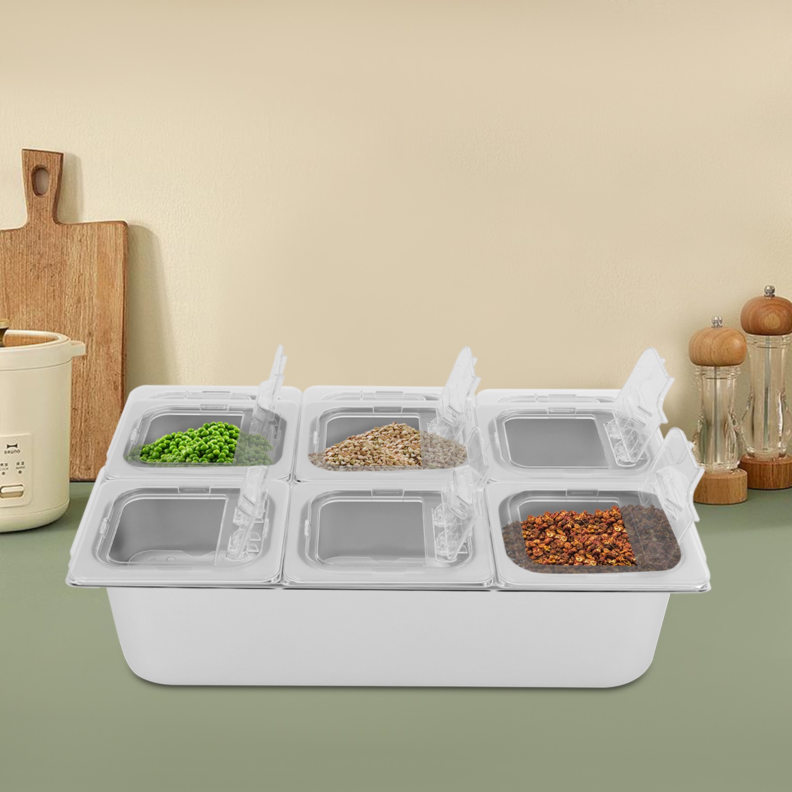 6-compartment Fruit Pan, Fruit Pan with Acrylic Lids and Water-filtering Gaskets