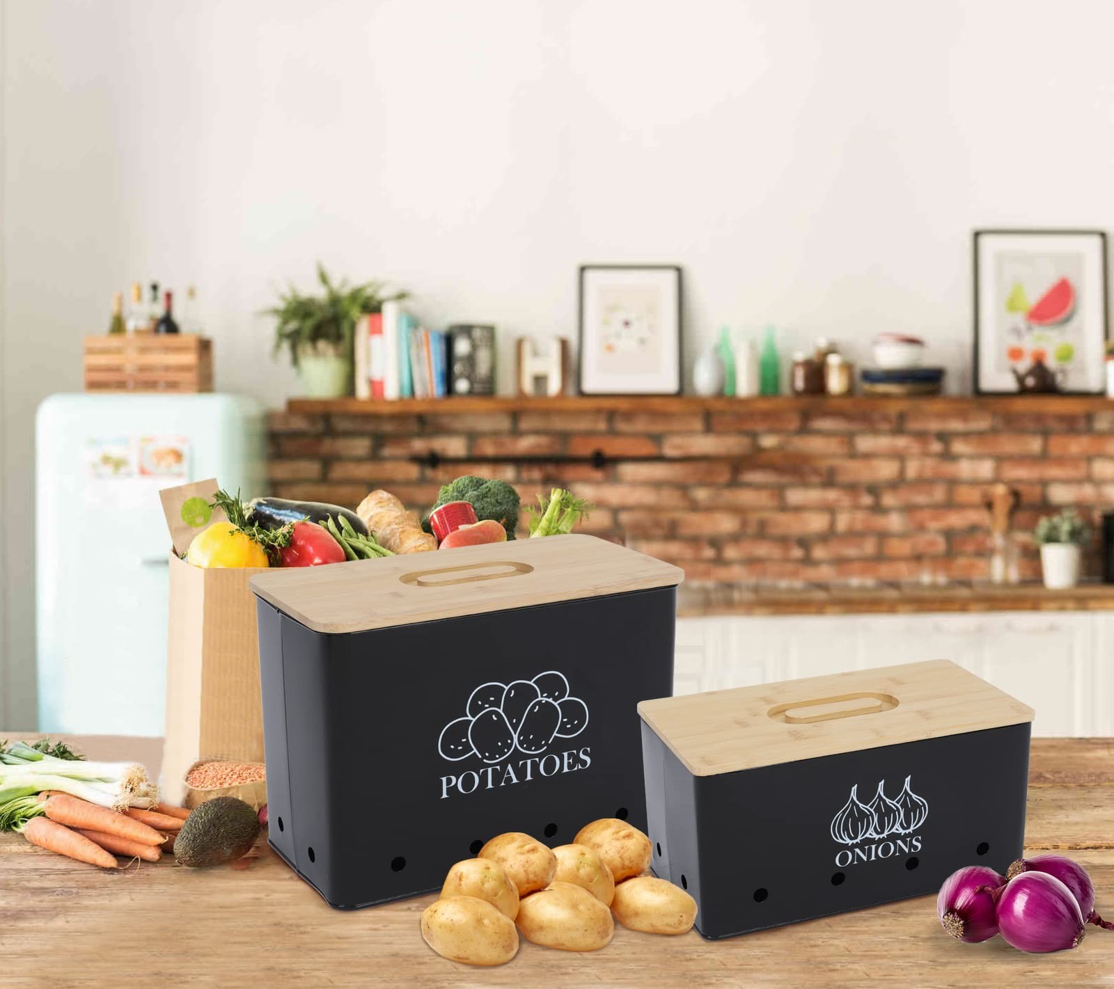 Potato and Onion Storage Bin Set of 2, Vented Metal Vegetable Storage with Wo…