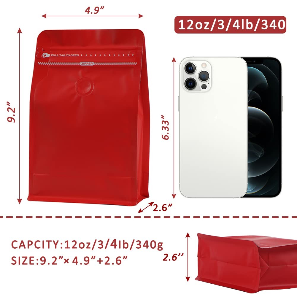 Coffee Bags with Valve(50pcs,12oz) Red High Barrier Aluminumed Foil Flat Bott…